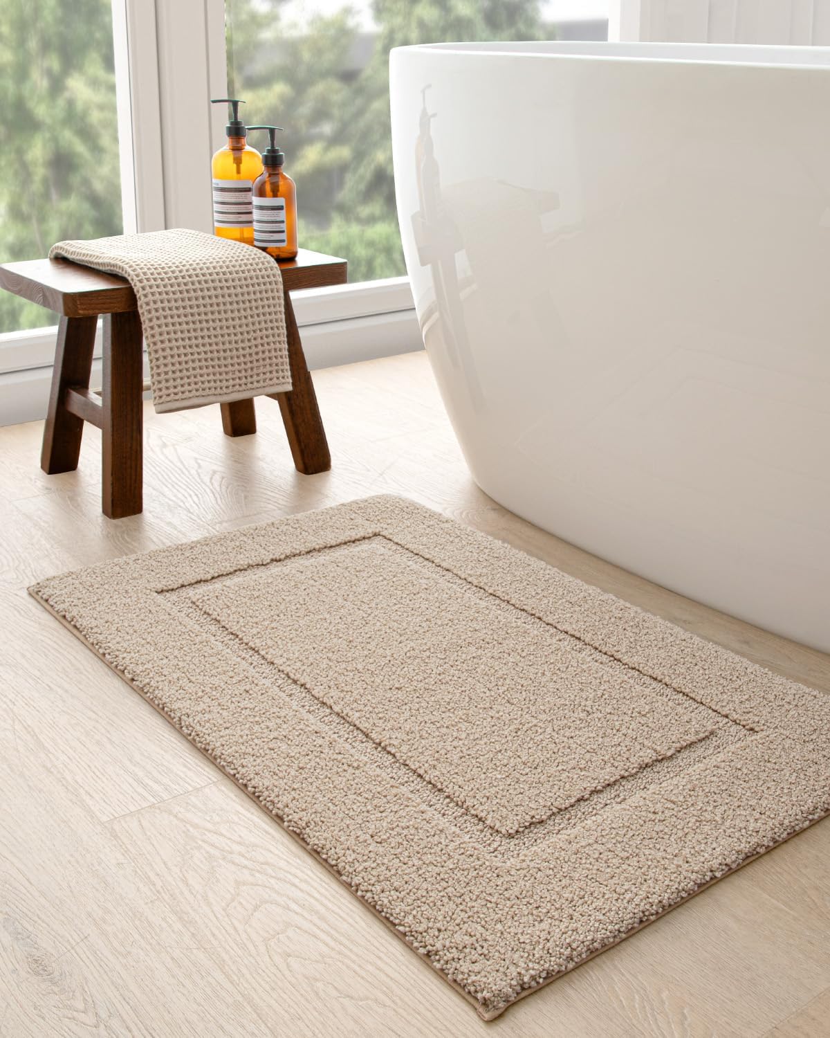 DEXI Bathroom Rugs Set 2 Piece 24x16, Washable Non Slip Bath Mat for Shower Floor, Absorbent Quick Dry Bathmat with Rubber Backing, Ultra Soft Plush Carpet for Tub, Beige
