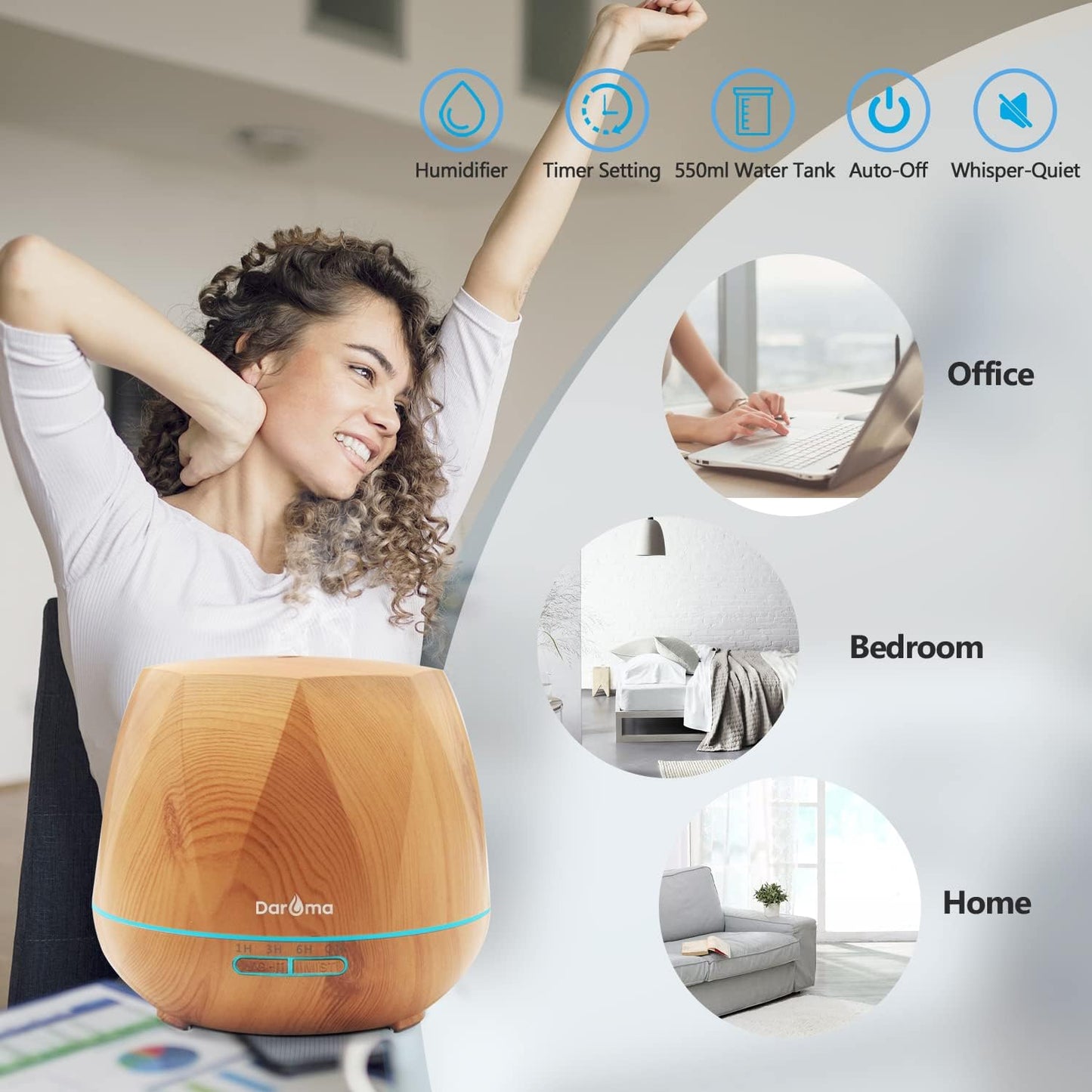 550ml Essential Oil Diffuser, DAROMA Upgraded Remote Control 6 in 1 Aromatherapy Ultrasonic Cool Mist Humidifier, 7 Color Changing Mood Lights & Waterless Auto-Off for Home Office Gift, Light Wood