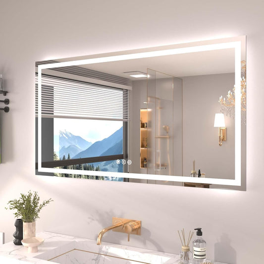 55"X30" LED Bathroom Mirror with Front Lights and Backlit, Anti-Fog, Dimmable, Shatter-Proof Tempered Glass, Lighted Bathroom Vanity Mirror for Wall with 3 Colors, Memory Function