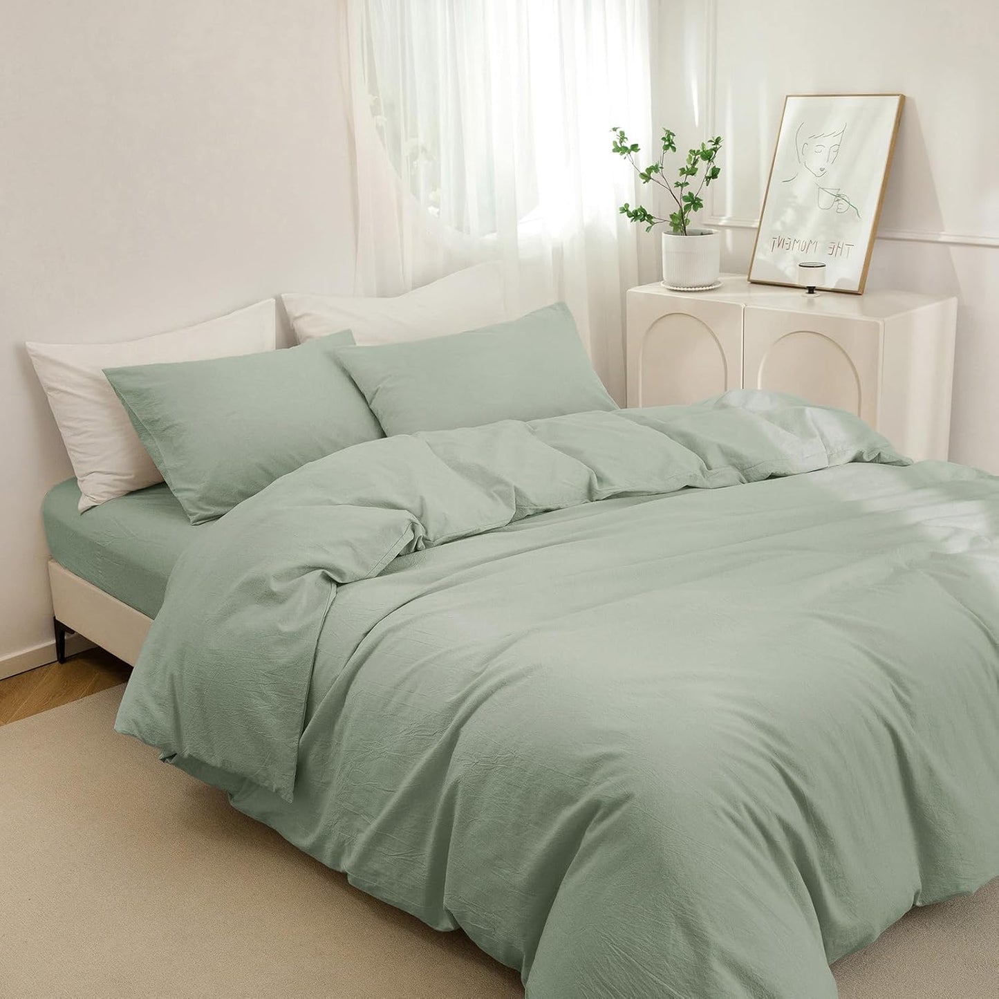 JIYUAN 100% Washed Cotton Duvet Cover Set 3 Pieces Super King, 1 Duvet Cover 108x98 Inches(Comforter Not Included) and 2 Pillowcases,Linen Feel Bedding Set Comfy and Breathable, Heathered Sage Green