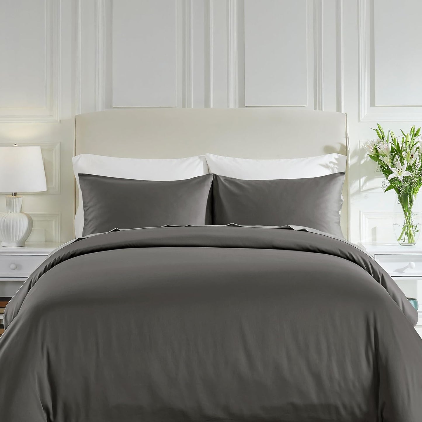 California Design Den 3 Pc Duvet Cover Set King - Winner Good Housekeeping Best Bedding Awards 2025, 400 Thread Count Sateen, 100% Cotton Duvet Covers, Button Closure, Corner Ties - Grey