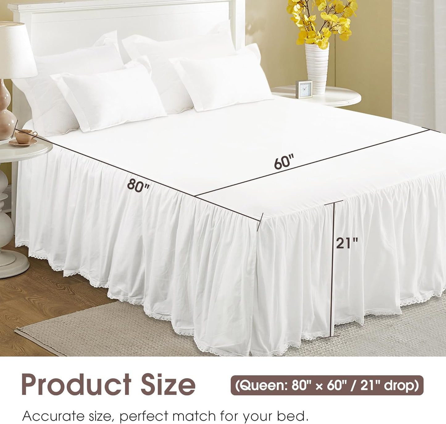 Queen Size 21" Drop - White Lightweight Cotton Bed Skirt with Crochet Edge - Dust Ruffle with Split Corner - Soft, Elegant, Breathable Bedding Accessory