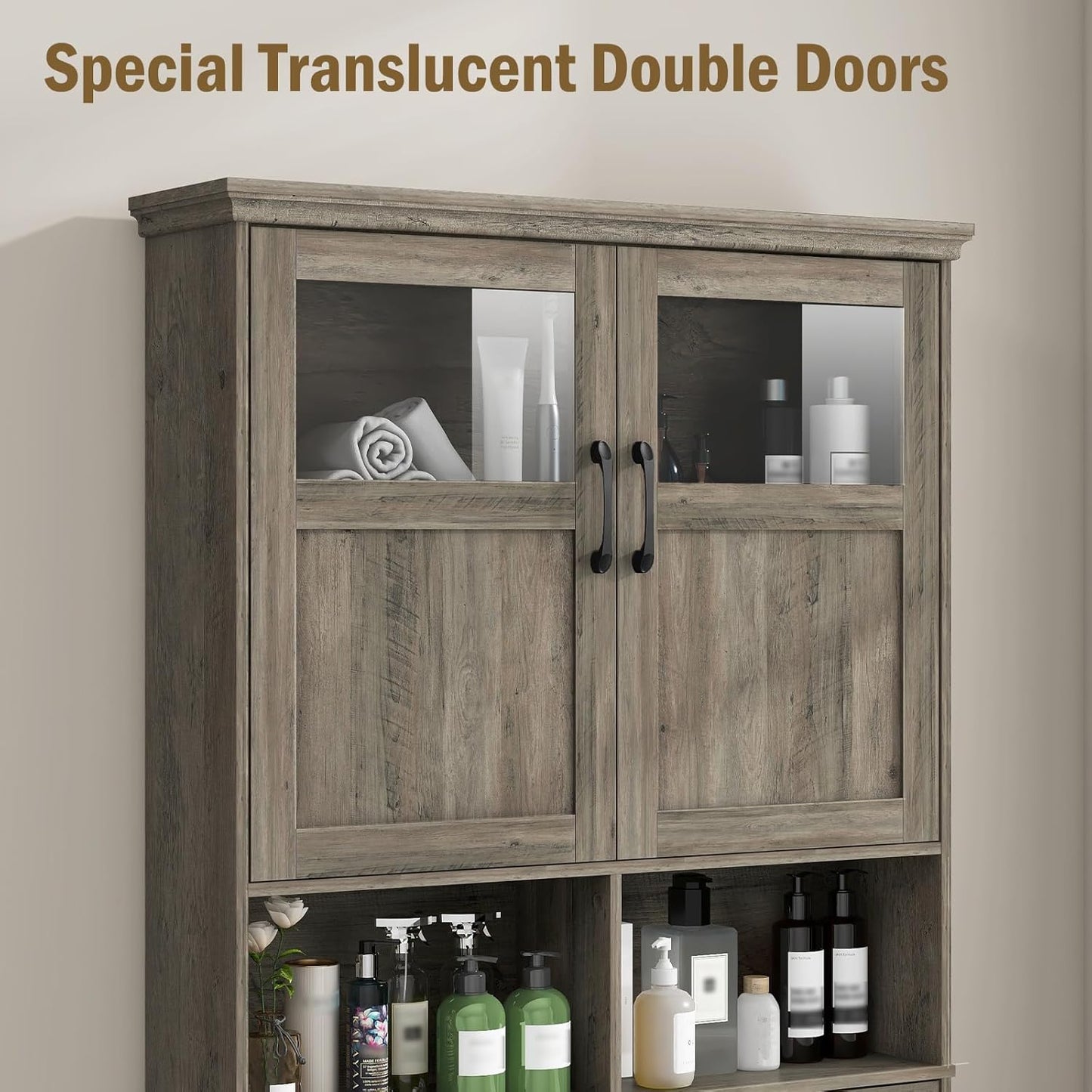 Vabches Over-The-Toilet Storage Cabinet with Double Doors, Toilet Paper Holder Stand & Adjustable Shelf, Freestanding Space Saver, Grey