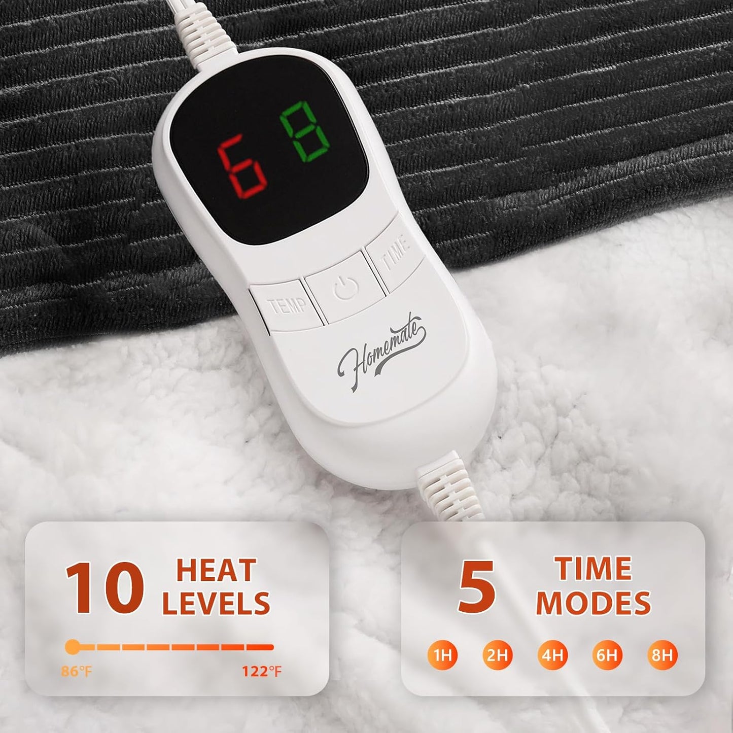 Homemate Electric Heated Blanket Twin Size - 62"x84" Heating Blanket Twin Size 1/2/4/6/8 Hours Auto-Off 10 Heat Level Over-Heat Protection Soft Flannel Sherpa ETL Certification