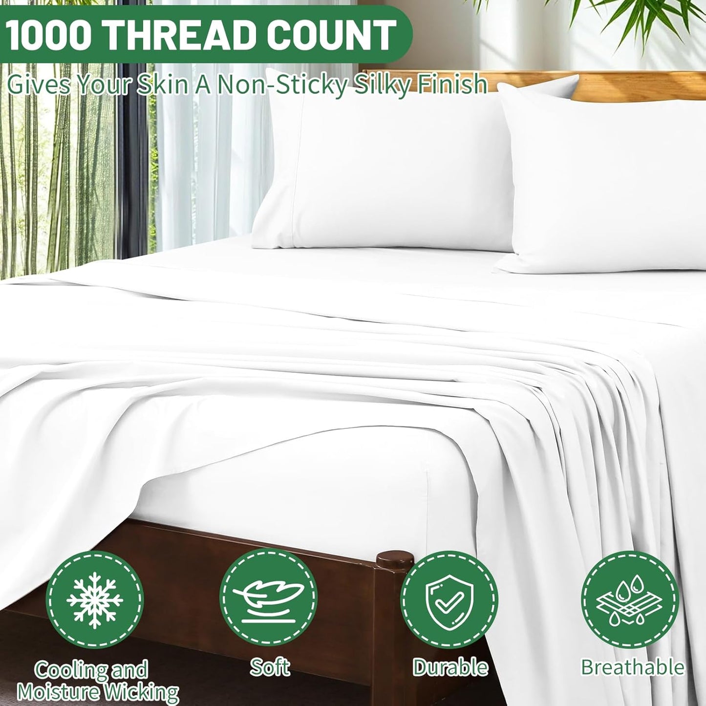 Extra Deep Pocket King Sheets 18-24 Inch 1000 Thread Count 100% Egyptian Cotton Sateen Weave Soft Breathable 4 Pieces（King，White）