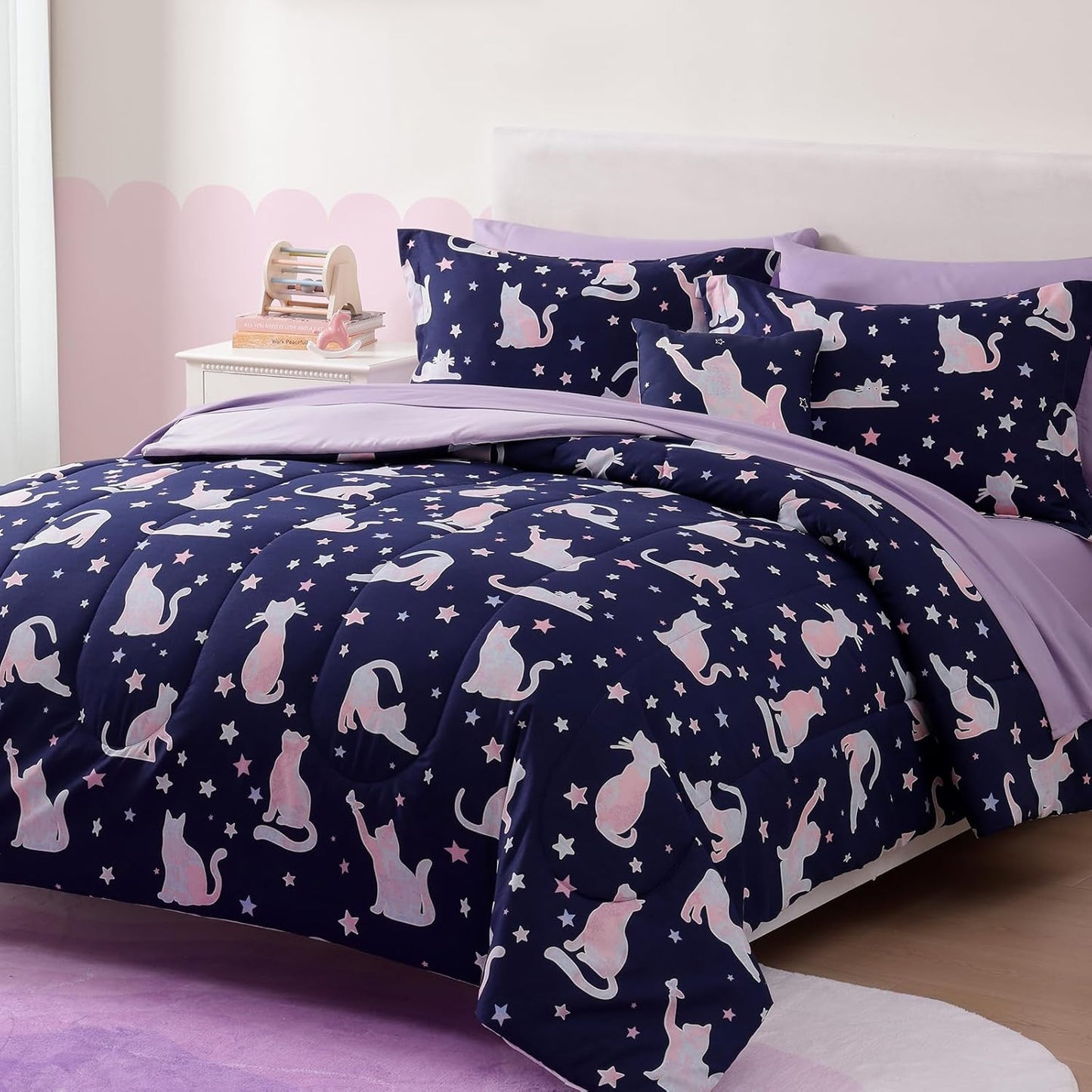 Full Size Comforter Set for Girls-7 Pieces Cute Cat Full Bedding Sets for Kids, Ultra Soft Bed in A Bag with Sheets