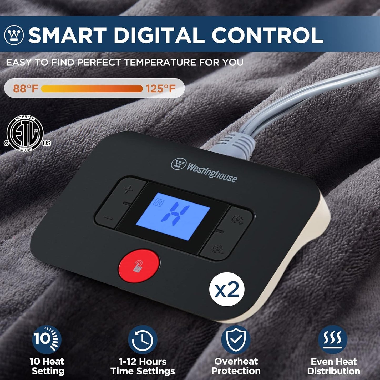 Westinghouse Electric Blanket Queen Size, Super Cozy Soft Flannel 84"" x 90"" Heated Blanket with 10 Fast Heating Levels & 1-12 Auto-Off, Machine Washable, ETL&FCC Certification, Charcoal