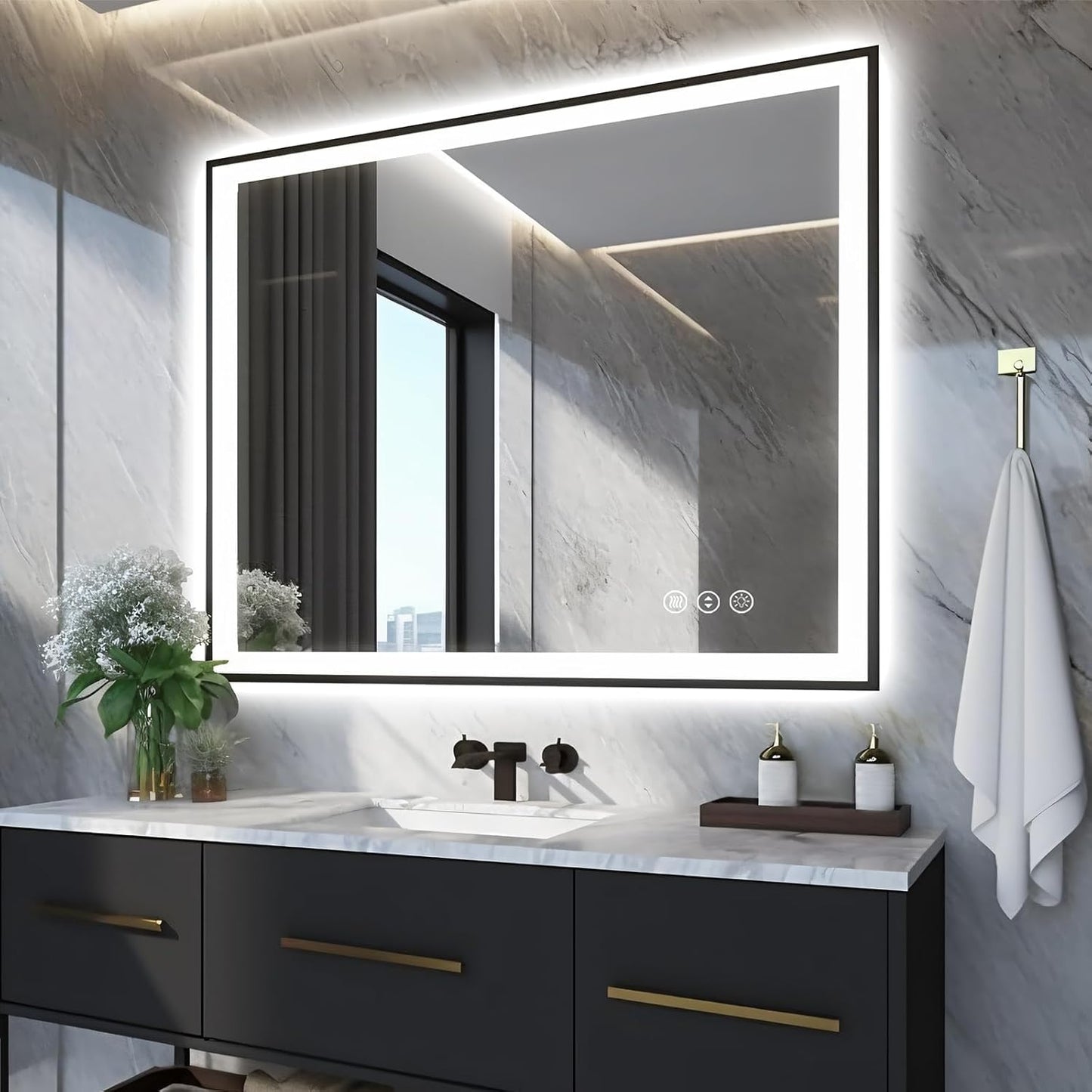 40x32 LED Bathroom Mirrors for Wall -Black Aluminum Framed (Front and Backlit), Anti-Fog Vanity Mirror With Lights,Stepless Dimmable Lighted Mirror,3 Colors Smart Mirror(Horizontal/Vertical)
