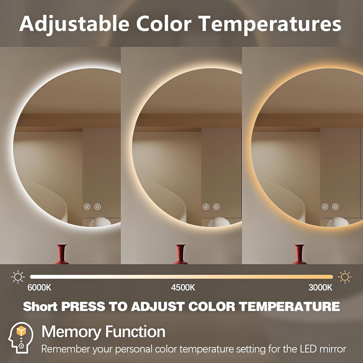 Niccy Round Led Mirror for Bathroom, 36" Circle Frameless Backlit Mirror wiht Light, Anti-Fog, 3 Colors, Waterproof, Memory Function