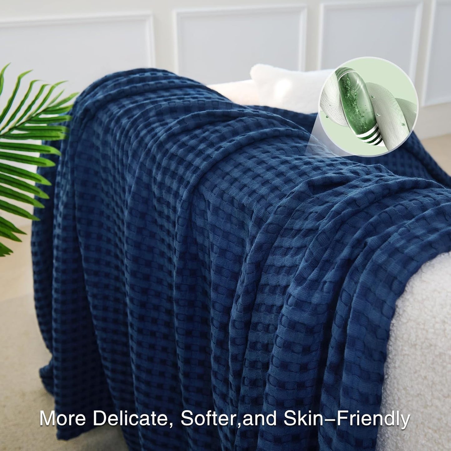 Aganear Waffle Blanket - Lightweight Breathable Summer Blanket of 50% Cotton and 50% Rayon Derived from Bamboo for Hot Sleepers Luxury Throws for Bed, Couch and Sofa,Navy,90x90 Inches