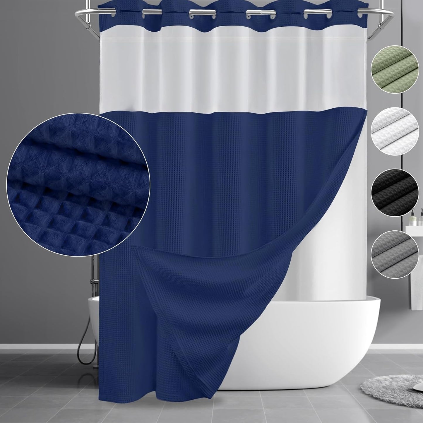 YellyHommy No Hook Shower Curtain and Liner Set Less Time Waffle Cotton Hotel Shower Curtain with Snap in Liner 72" Wx 75" L Blue