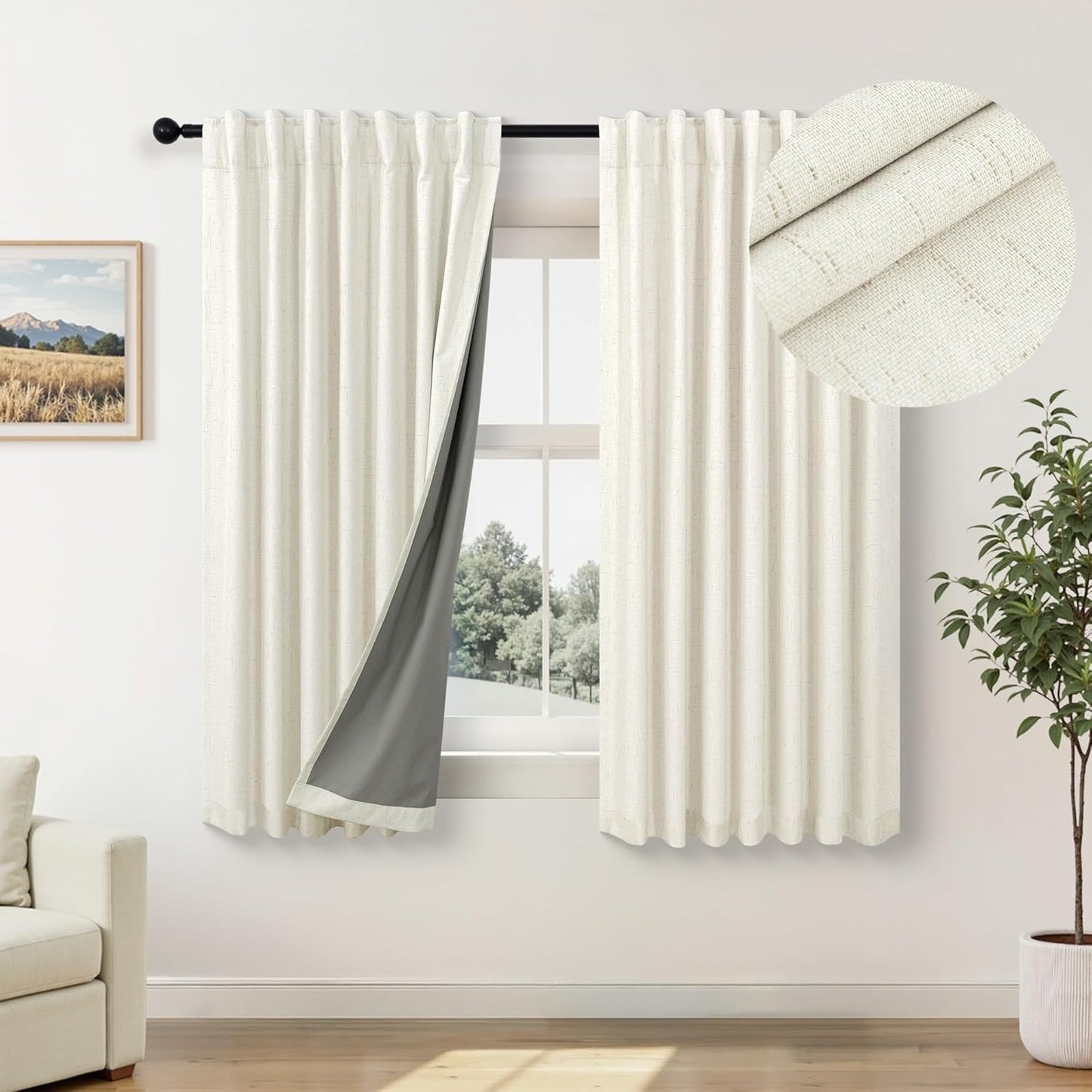 Short Blackout Curtains for Bedroom 45 Inch Length 2 Panels Faux Linen Cream Colored Cute Cottage Core Cafe Kitchen Bathroom Curtains for 42 Inch Small Window Heat Blocking Thermal Insulated Back Tab