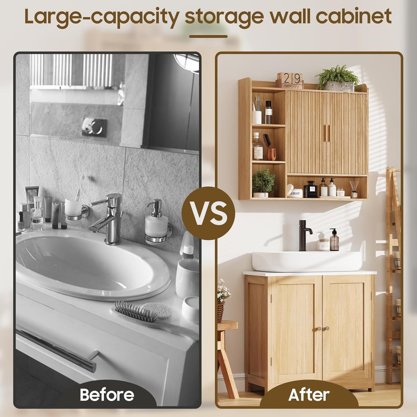 Vabches Fluted Bathroom Wall Cabinet, Wooden Medicine Cabinet Organizer with 2 Doors and Adjustable Shelf, Over The Toilet Storage Cabinet for Laundry Room and Living Room
