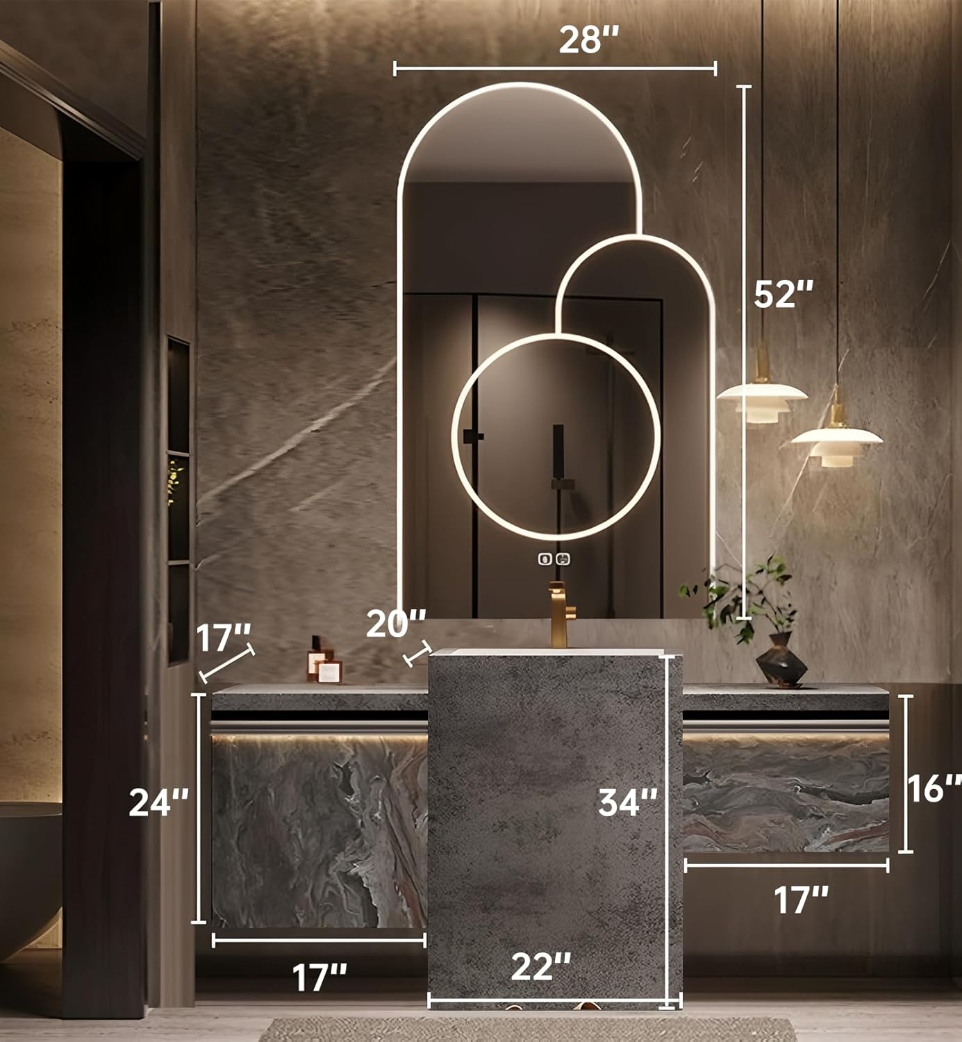 Single Sink Freestanding Bath Vanity, Modern Bath Vanity with LED Smart Mirror, 56IN Solid Wood Floating Bathroom Sink Cabinet with Marble Slate Top and Large Storage Drawer