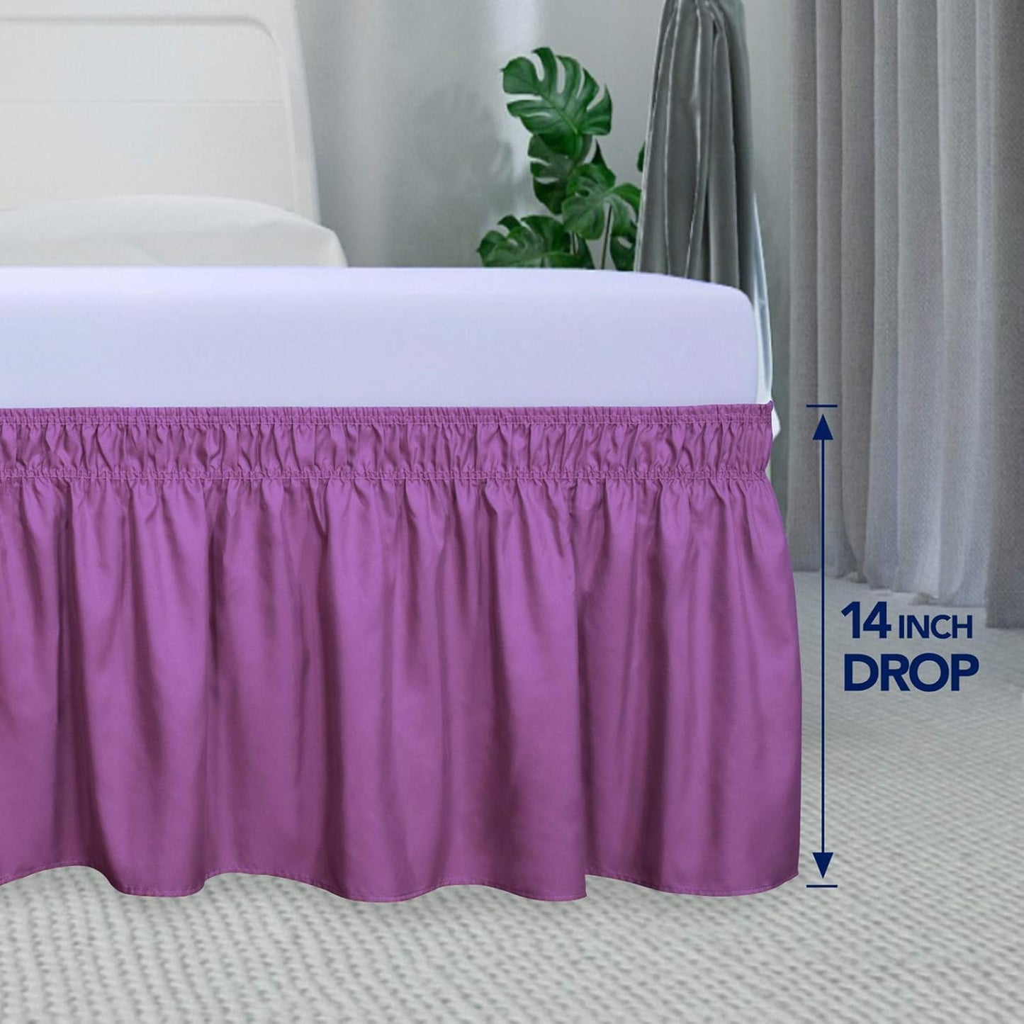 PureFit Wrap Around Ruffled Bed Skirt with Adjustable Elastic Belt - 14 Inch Drop Easy to Put On, Wrinkle Free Bedskirt Dust Ruffles, Bed Frame Cover for Queen, King and C-King Size Beds, Purple