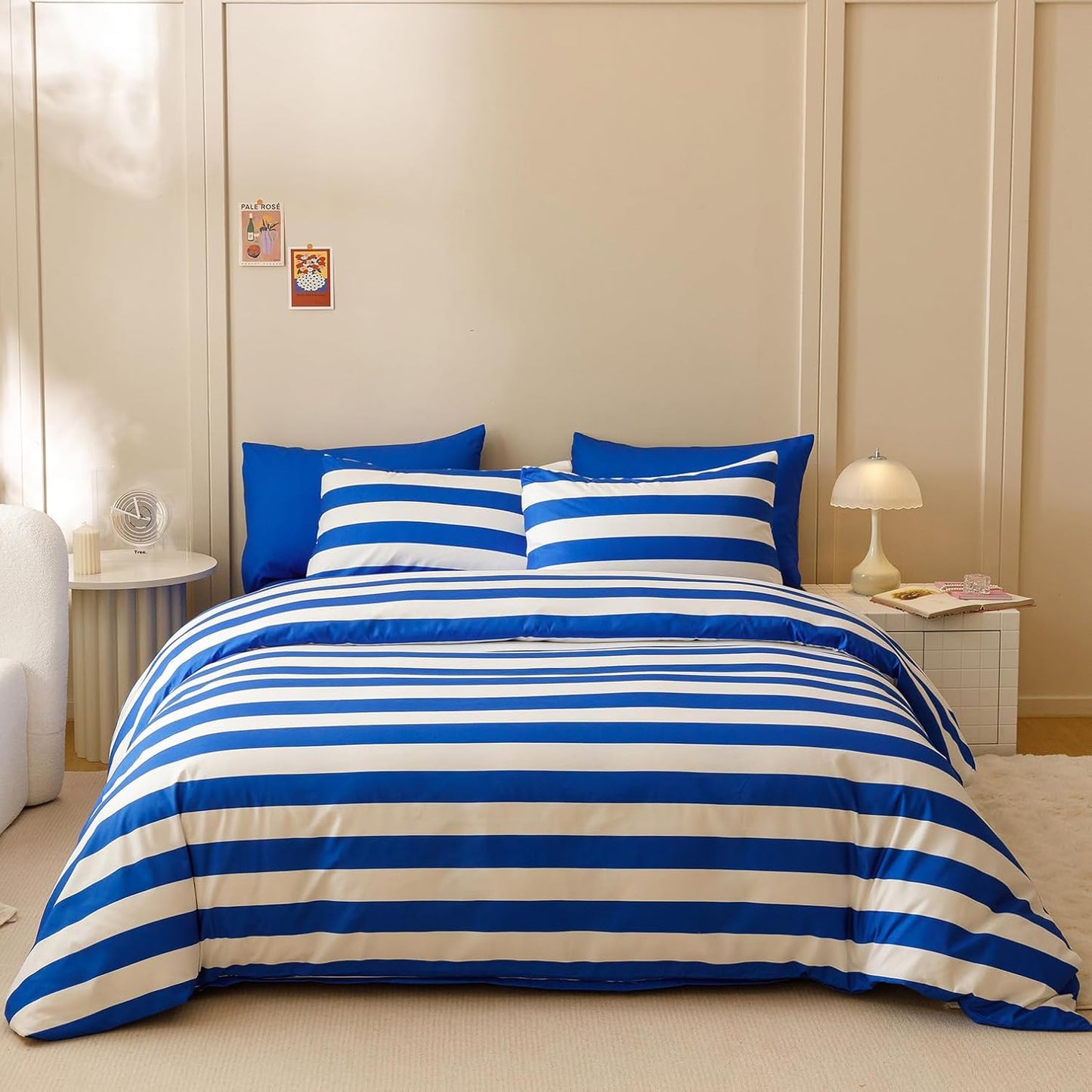 KAREVER Royal Blue White Stripes Comforter Set King Size Royal Blue White Stripes Bedding Set 3 PCs Comforter Set King Size Fluffy Linen Comforter Sets