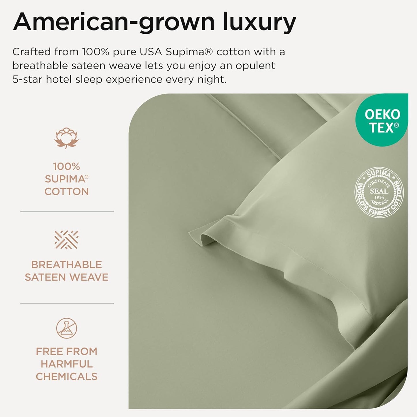 Threadmill Supima Cotton Sheets, 1000 Thread Count Cotton Sheets for Cal King Size Bed, 4 Pc Sage Green Cal King Bed Sheet Set, 5-Star Hotel Quality, Elasticized Deep Pocket Cal King Sheet