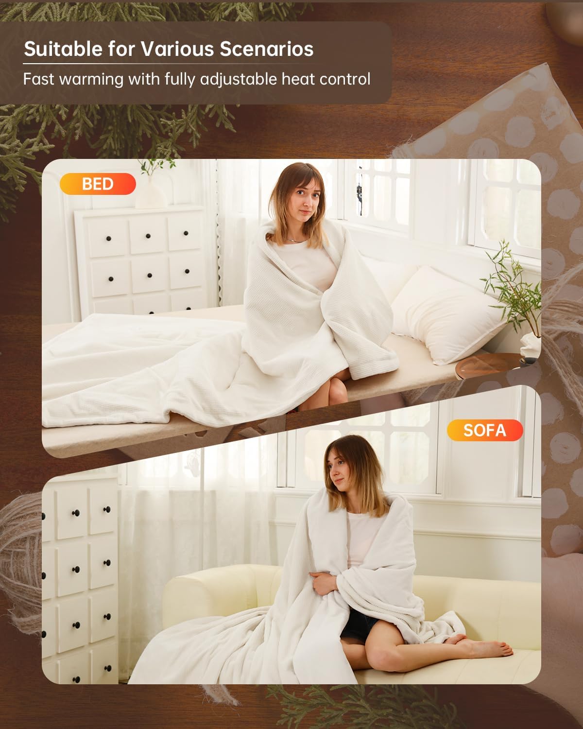 Electric Heated Blanket Queen Size, Washable Blanket Warmer with Dual Control for Home for Adults, Super Cozy Soft Fabric, 84" x 90", 9 Heat Levels, 1-9H Auto-Off, ETL Certified, Cream