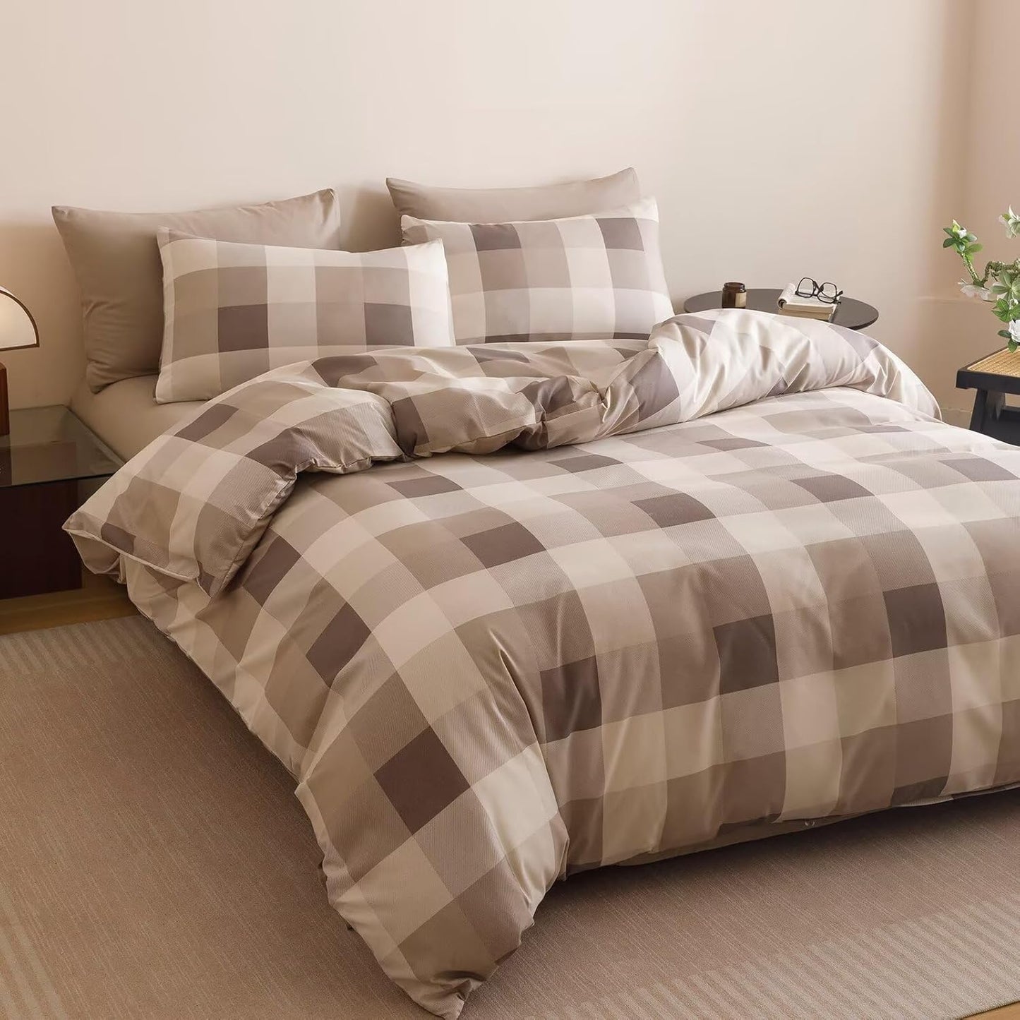Cottonight Checkered Khaki Comforter Set Queen Men Gingham Grid Bedding Set Khaki and Cream Coffee Grid Comforter Fluffy Soft Blanket Quilts Modern Cottagecore Comforter for Queen Bed