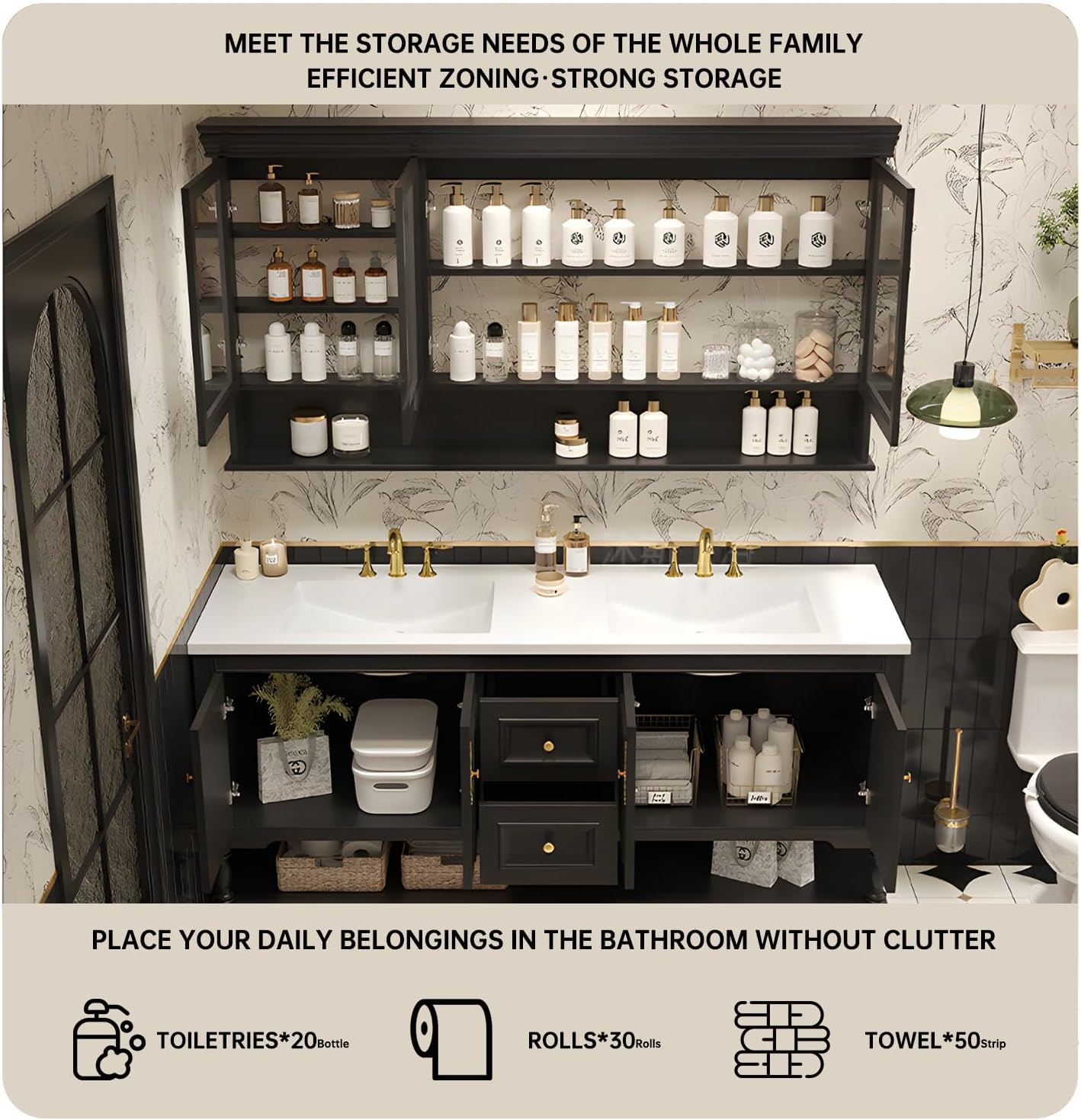 72" Double Bathroom Vanity with Sink,Freestanding Bathroom Vanity Large Storage Cabinet & Open Mirror Cabinet,4 Soft Closing Doors and 2 Drawers Solid Wood Luxury Bathroom Vanities Set,Brown