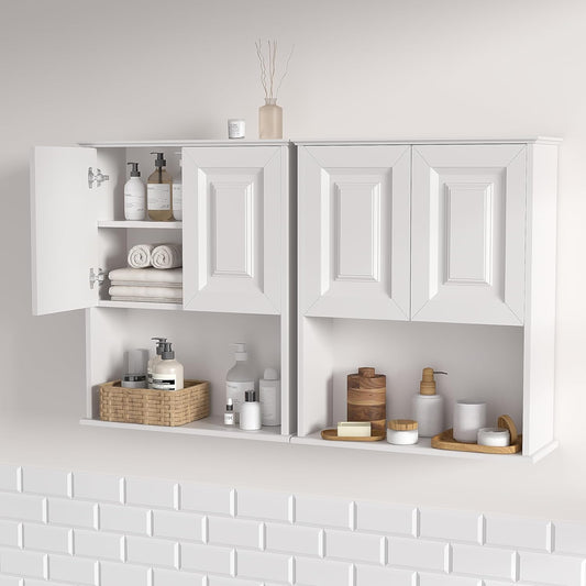 Bathroom Wall Cabinet Wooden with 2 Doors,Over the Toilet Storage Cabinet,Bathroom and Laundry Wall Mount Storage Medicine Cabinet with Open and Adjustable Shelf,Easy Assembly (Style B-2 PC, White)