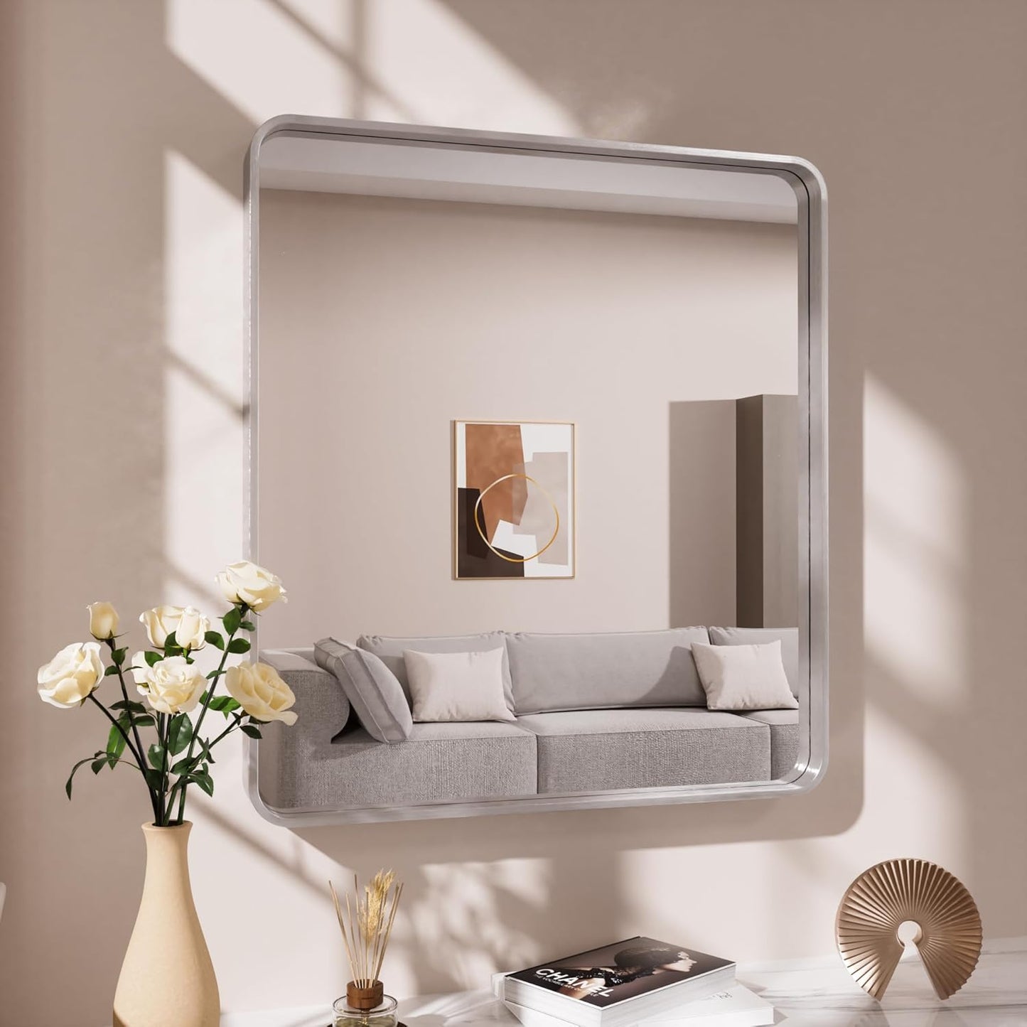Brushed Nickel Bathroom Mirror, 30x36 Inch Thick Silver Metal Rectangle Frame Wall Mirror, Modern Round Corner Bathroom Vanity Mirror for Over Sink, Bedroom, Living Room, Entryway