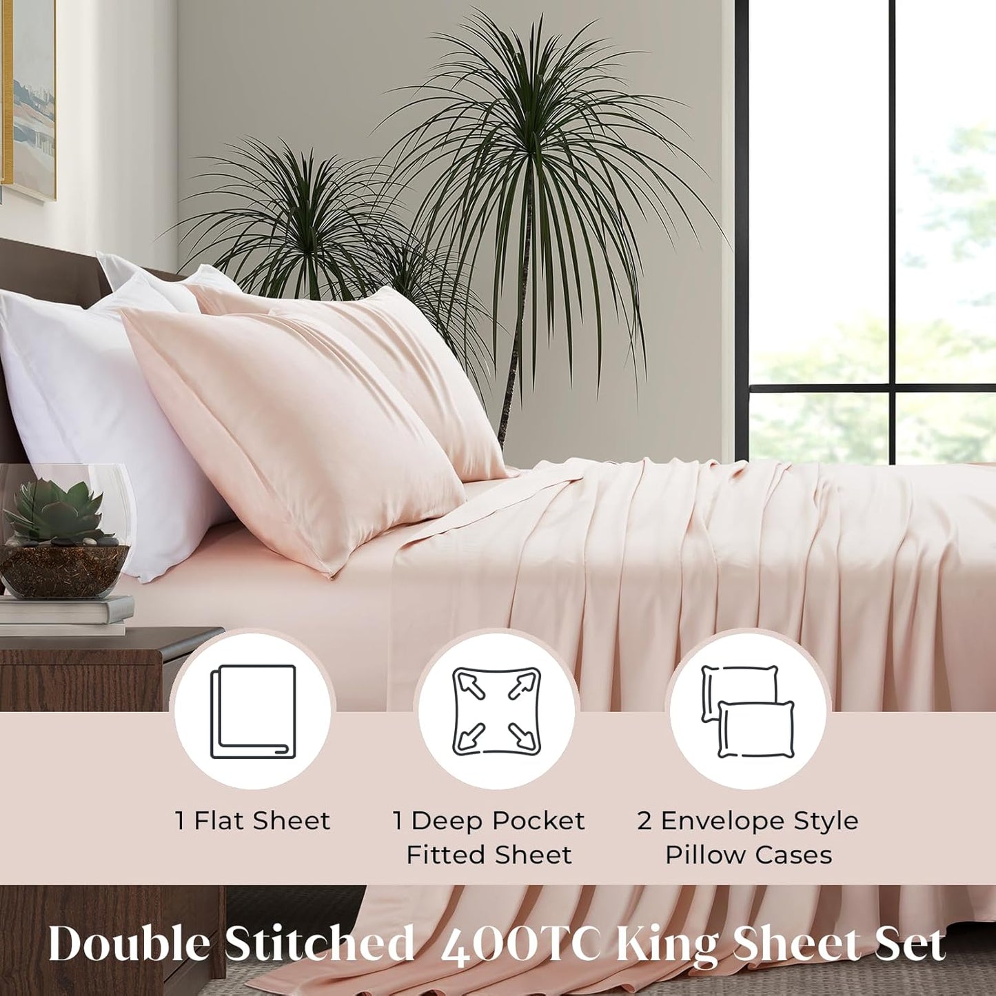 Luxury Bamboo Market | King Size Bed Sheet Set | 100% Viscose Made from Bamboo | Organically Grown | Ultra Soft | Cooling Sheets for Hot Sleepers | 17" Deep Pocket [Vintage Pink]