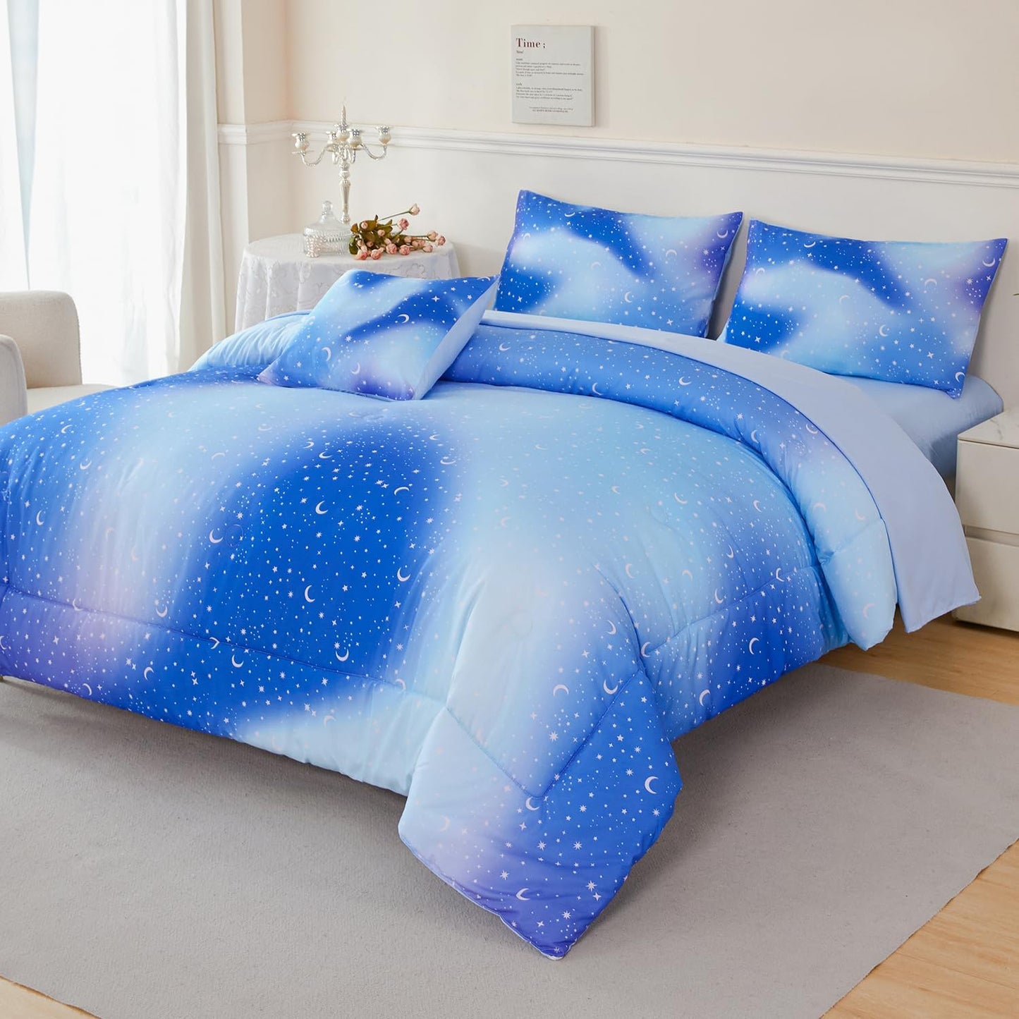 URBONUR 6Pcs Gradient Glitter Comforter Set for Girls Queen Size Blue Galaxy Kids Bedding Set for Boys Comforter Sets Soft Bed in A Bag Queen (Ombre Blue)