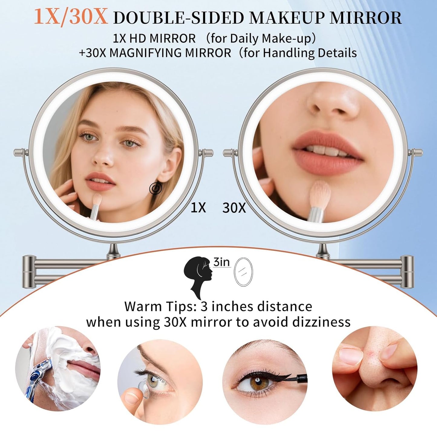 FUNTOUCH 9" 30X/1X Magnifying Wall Mounted Lighted Makeup Mirror, 4500mAh Rechargeable Double Sided Mirror with Light, 3 Color Lights,Touch Dimmable, 360 Rotation Extended Arm for Bathroom,Nickel