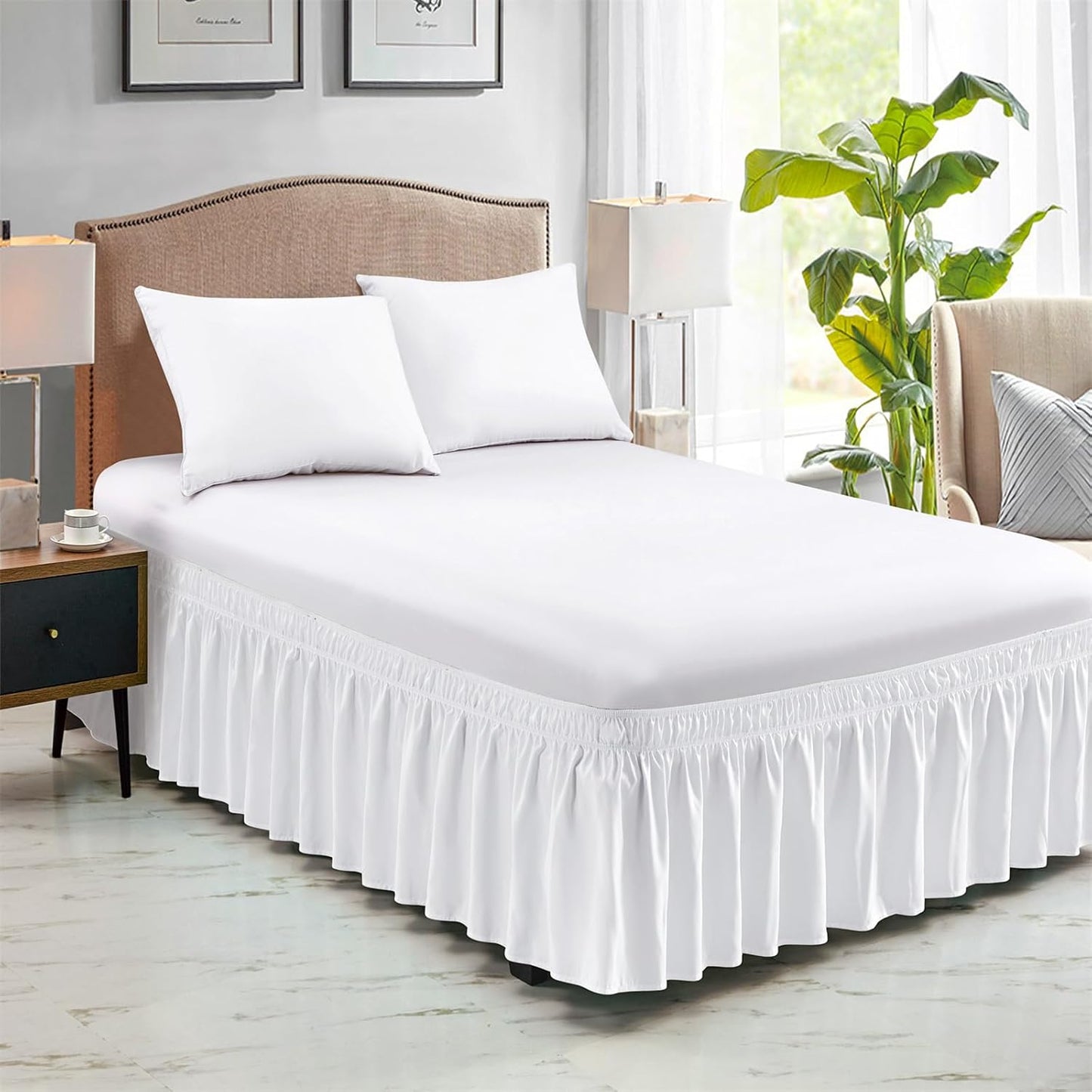 FreshCulture Elastic Wrap Around Bed Skirt - Easy Fit with 15-Inch Tailored Drop, Hotel Quality Dust Ruffle for Full Size Bed (White)