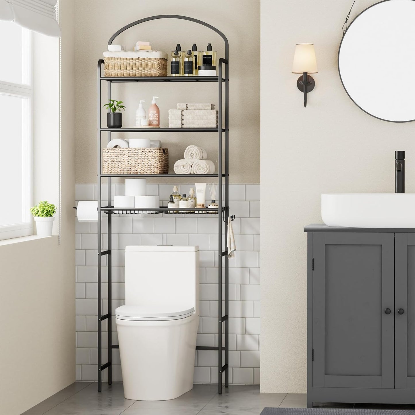 4-Tier Over The Toilet Storage, Bathroom Organizer, Space-Saving, Above Toilet Storage Rack with 4 Hooks and Paper Holder, Metal Shelf, Black