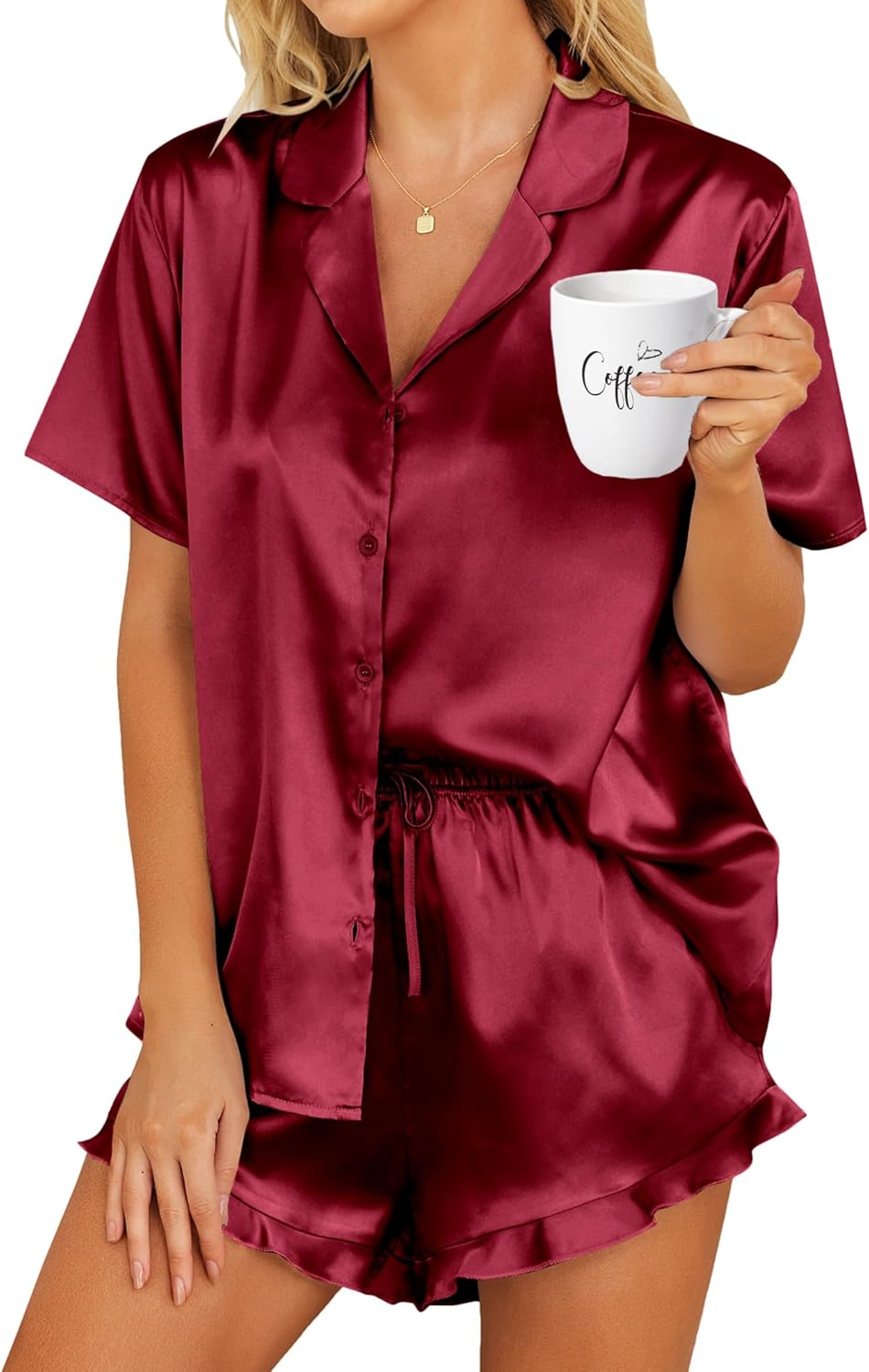 HOTOUCH Womens Satin Pajamas Set Button Down 2 Piece Silk Pjs Shorts Set Ruffle Lingerie Notch Collar Sleepwear