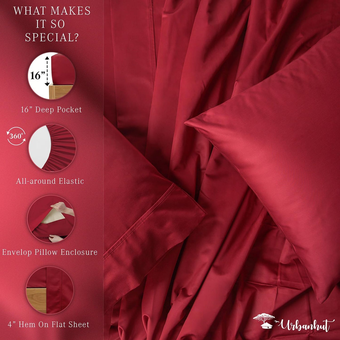 URBANHUT 700 Thread Count Egyptian Cotton California King Sheets, 4Pc Sheet Set Soft Luxury Bed Sheets for Cal King Size Bed, Sateen Weave Hotel Sheets, 16'' Elasticized Deep Pocket - Burgundy