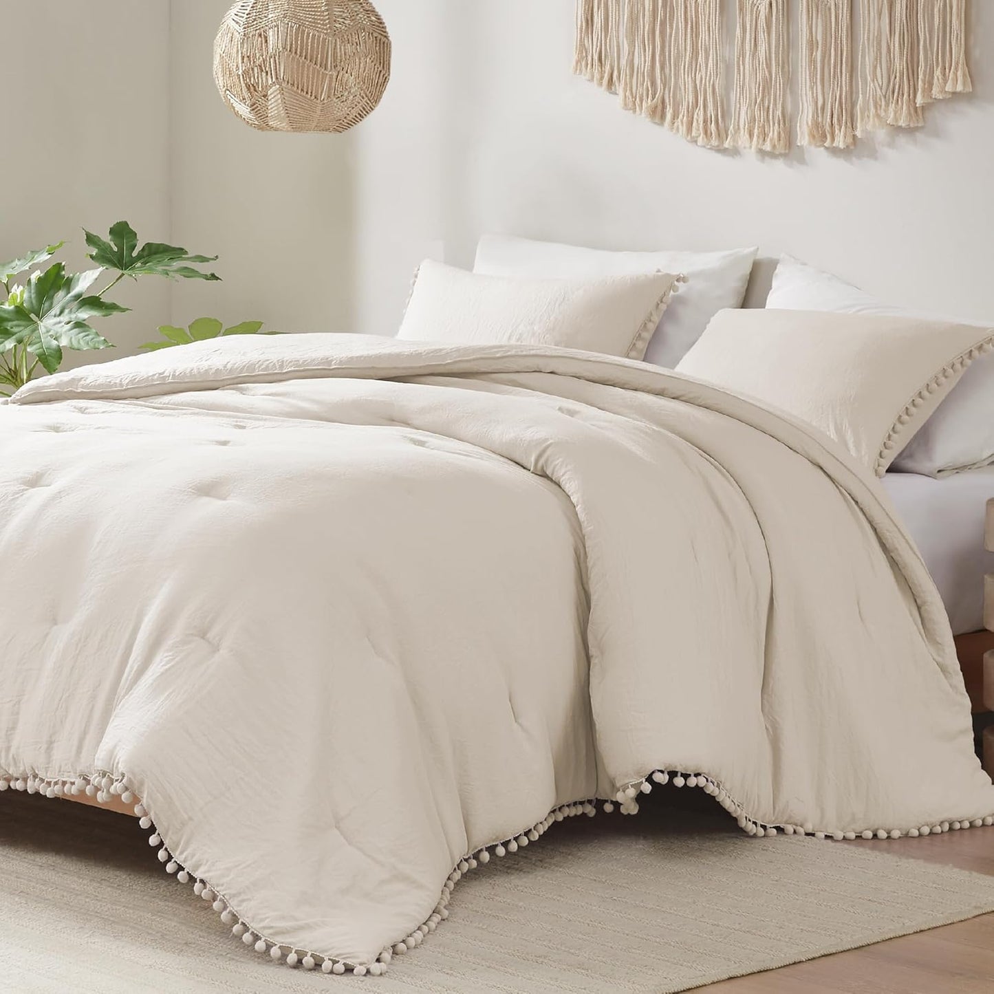 Codi Beige King Comforter Set - Boho Chic Bedding with Pom Fringe, Soft Washed Microfiber Taupe 3-Piece Set, 1 Comforter & 2 Pillowcases, Lightweight Luxury, King Size