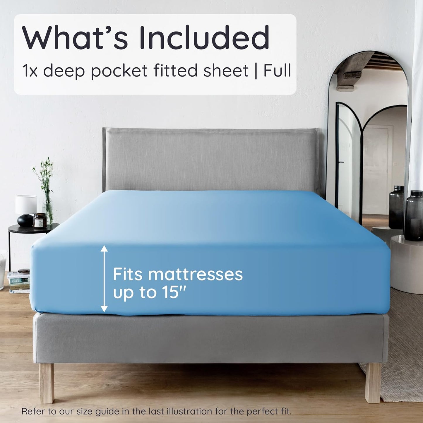 Bambaw 100% Viscose Derived from Bamboo Fitted Sheet Only, Cooling Fitted Sheet with Elastic Corner Straps, 15’’ Deep Pocket Full Size Fitted Sheets Only, Soft Full Bottom Sheets Only (Dream Blue)