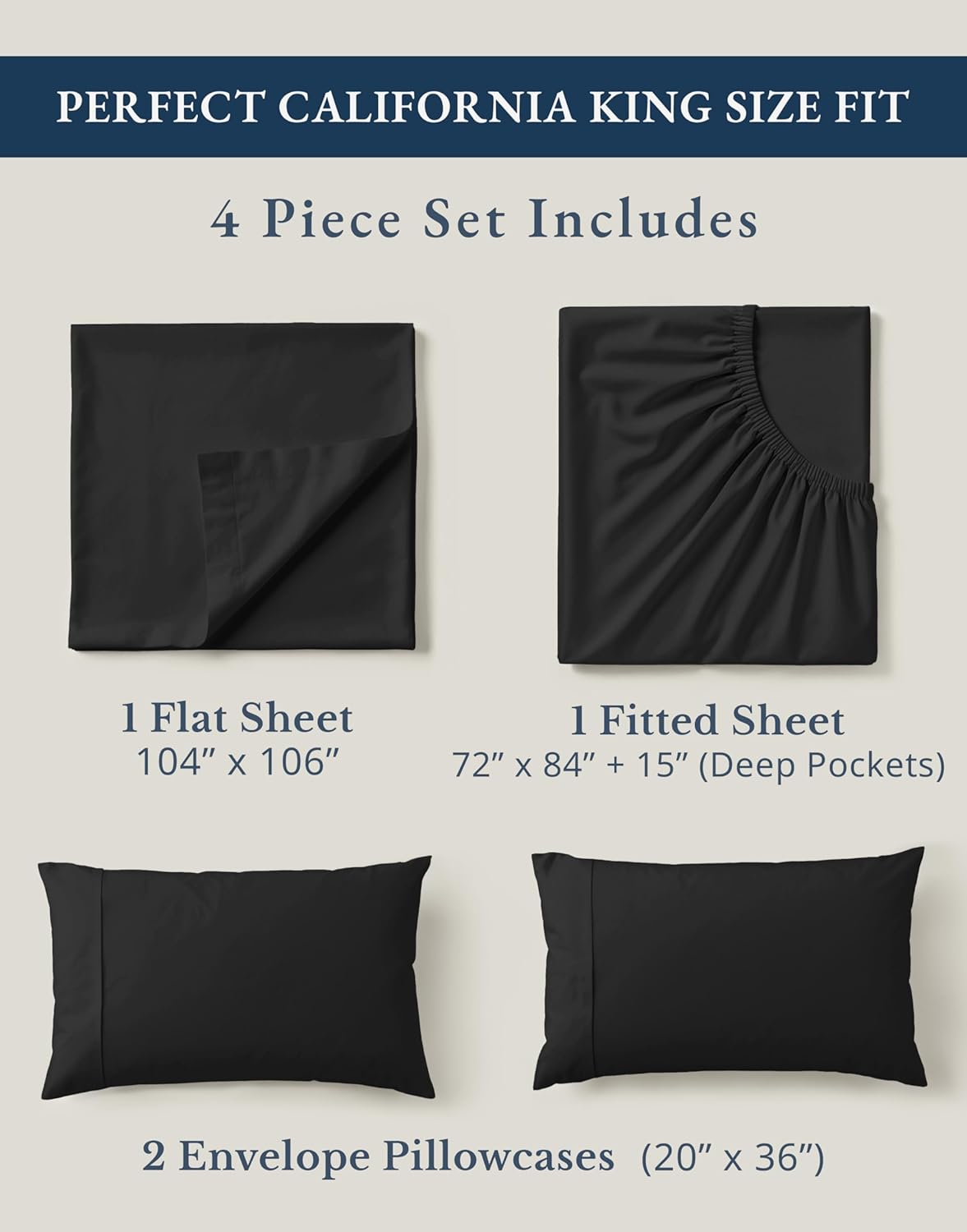 Lane Linen 100% Organic Cotton California King Sheets Set, 4-Piece Pure Organic Cotton Long Staple Percale Weave Ultra Soft Best Bedding Sheets for Bed, Breathable, Fits Mattress Upto 15" Deep - Black