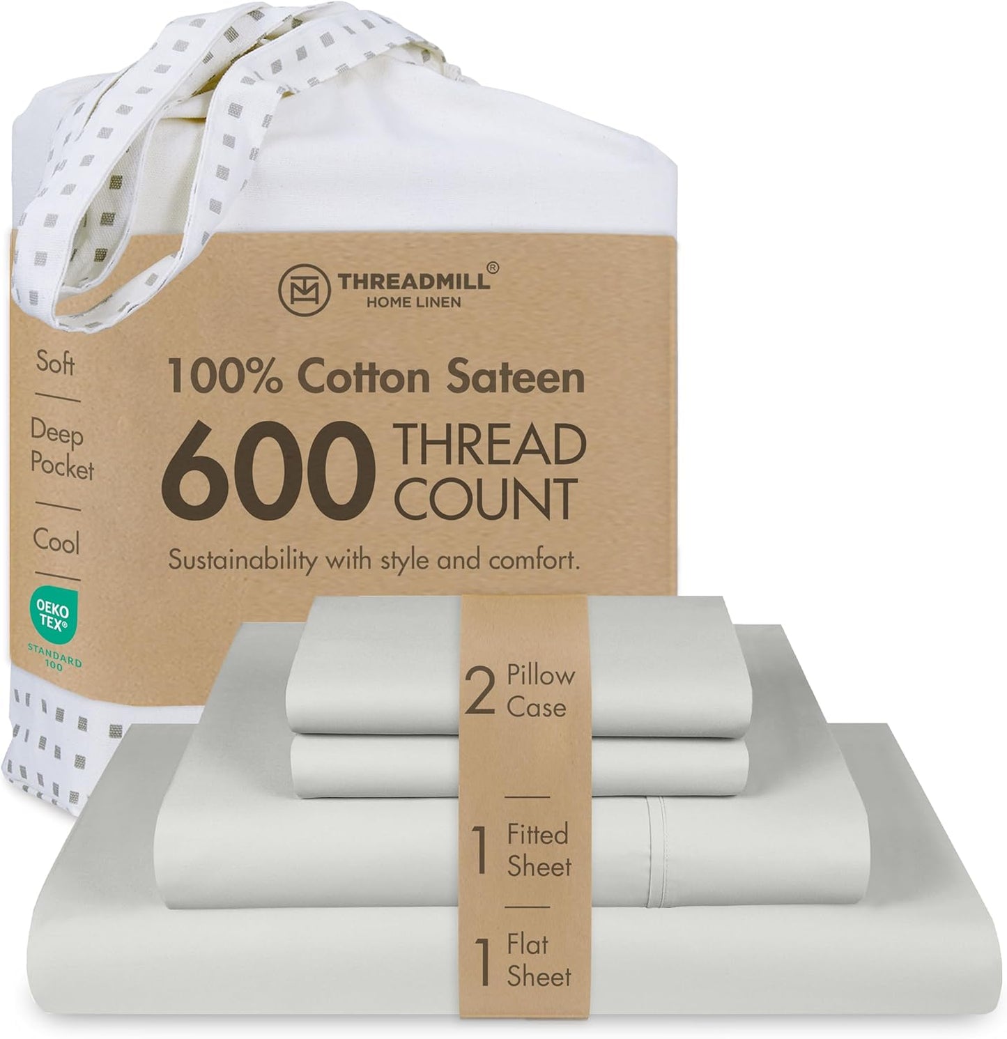Threadmill 100% Cotton Sheets for Queen Size Bed - 600 Thread Count Queen Bed Sheets Set with 16” Deep Pocket - Sateen Weave 4-Piece Bedding Set with Cooling Effect, Light Grey