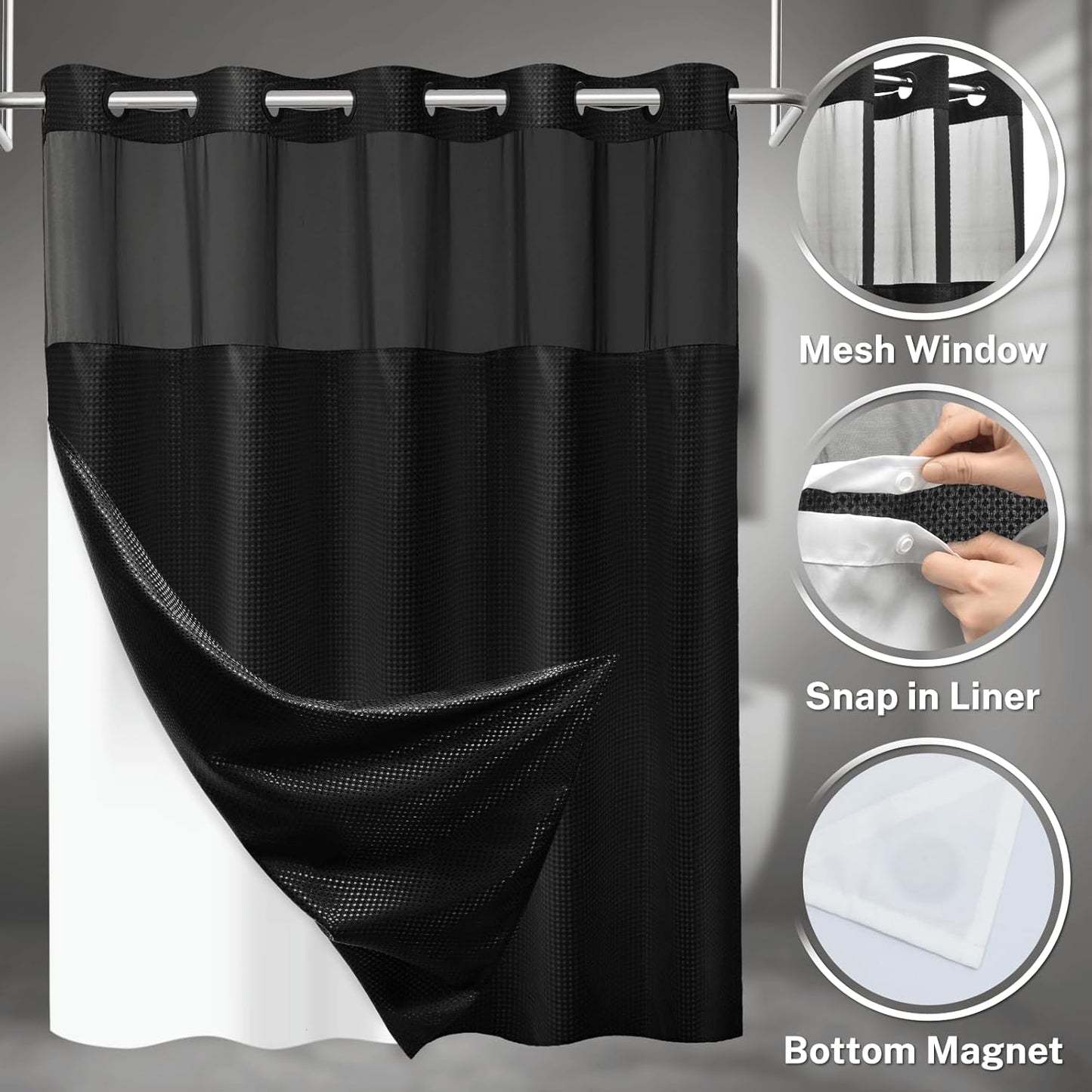 No Hook Shower Curtain with Snap in Liner Set Waffle Shower Curtain for Bathroom Hotel Style Fabric Waterproof Inner Liner，54" W x 80" H, Black