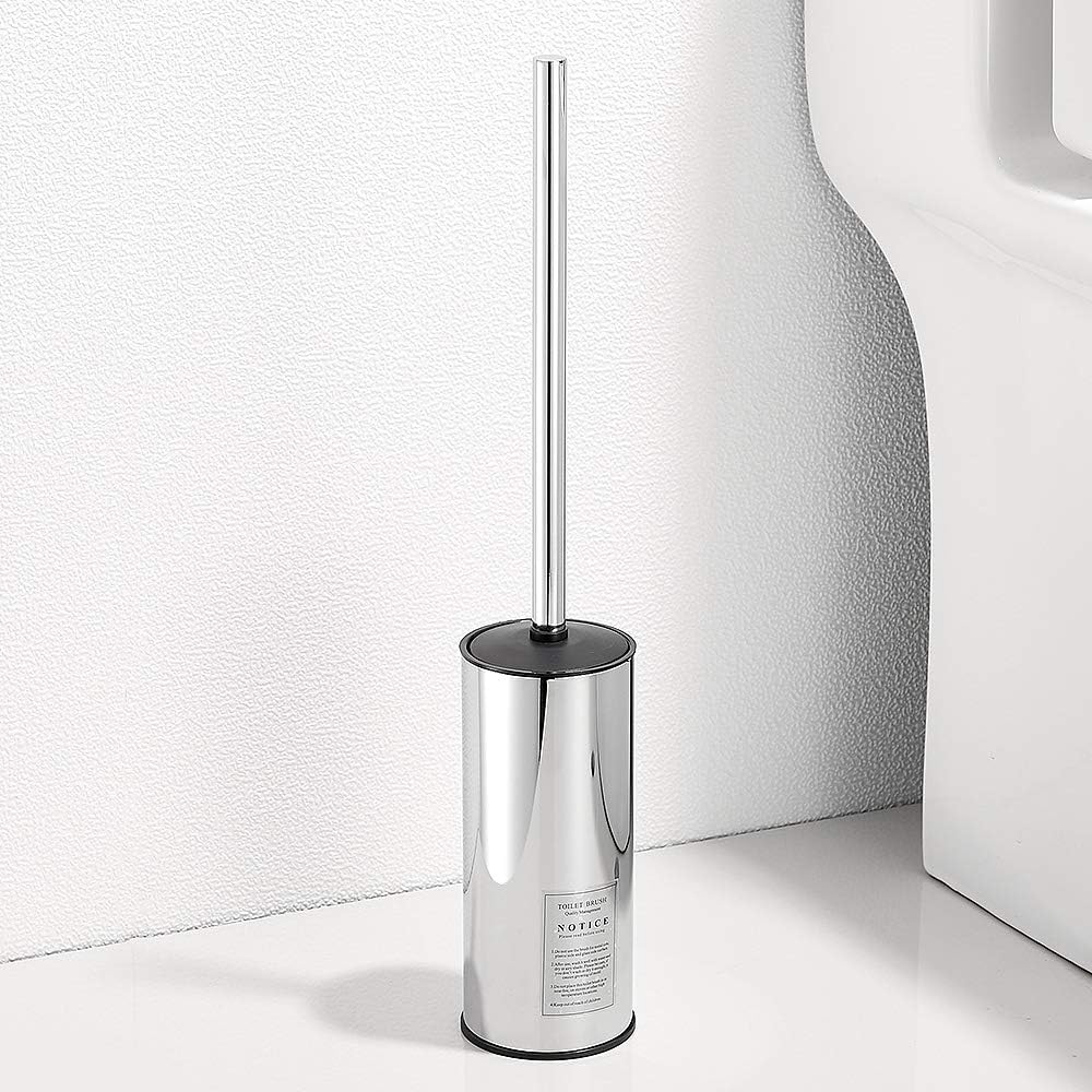 Freestanding Toilet Brush Holder for bathrooms 304 Stainless Steel Toilet Brush Stand Round Storage and Organization Rust Resistant 18-inch high Polished Chrome Finished