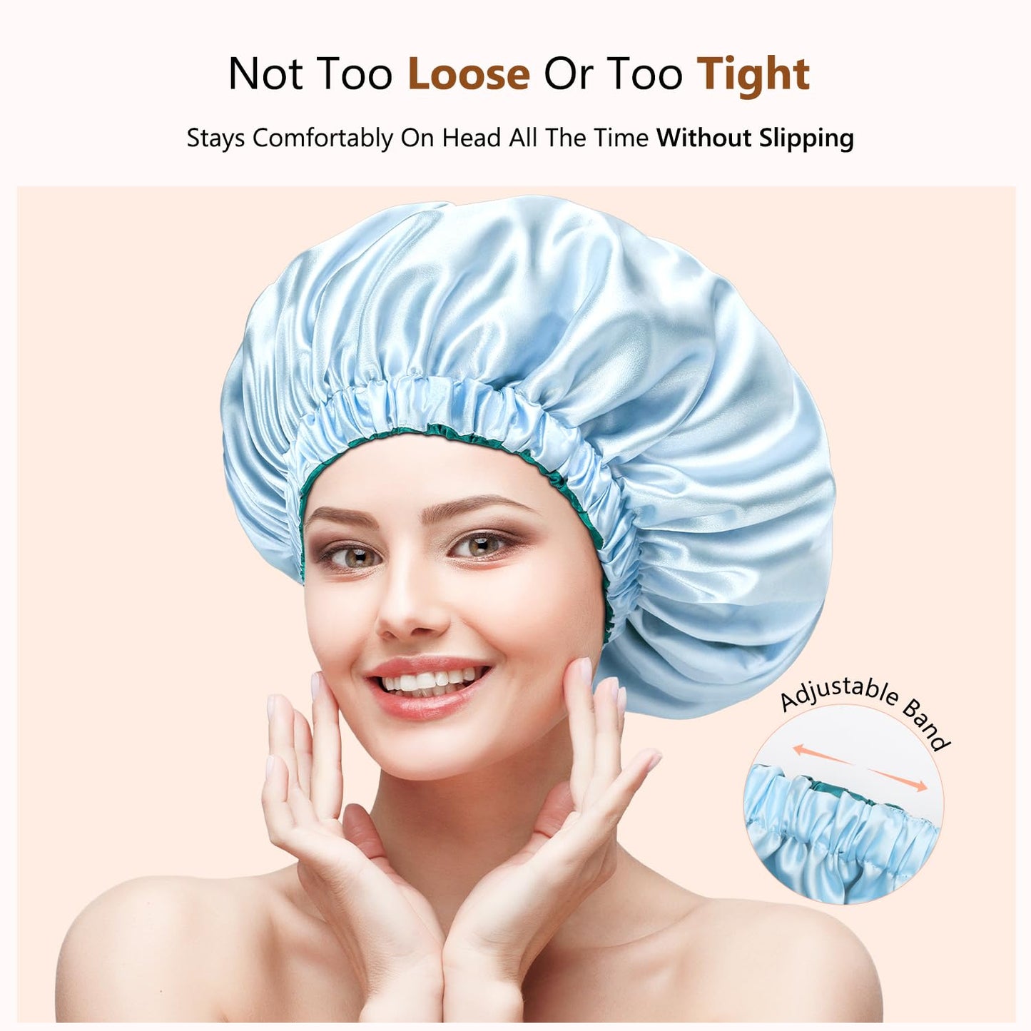 mikimini Satin Bonnet for Sleeping,Pack of 2,Green+Light Blue,Silk Bonnet for Women Long Curly Hair,Reversible Double-Layer Sleeping Hair Bonnet Extra Large Stretchy Sleep Hair Caps