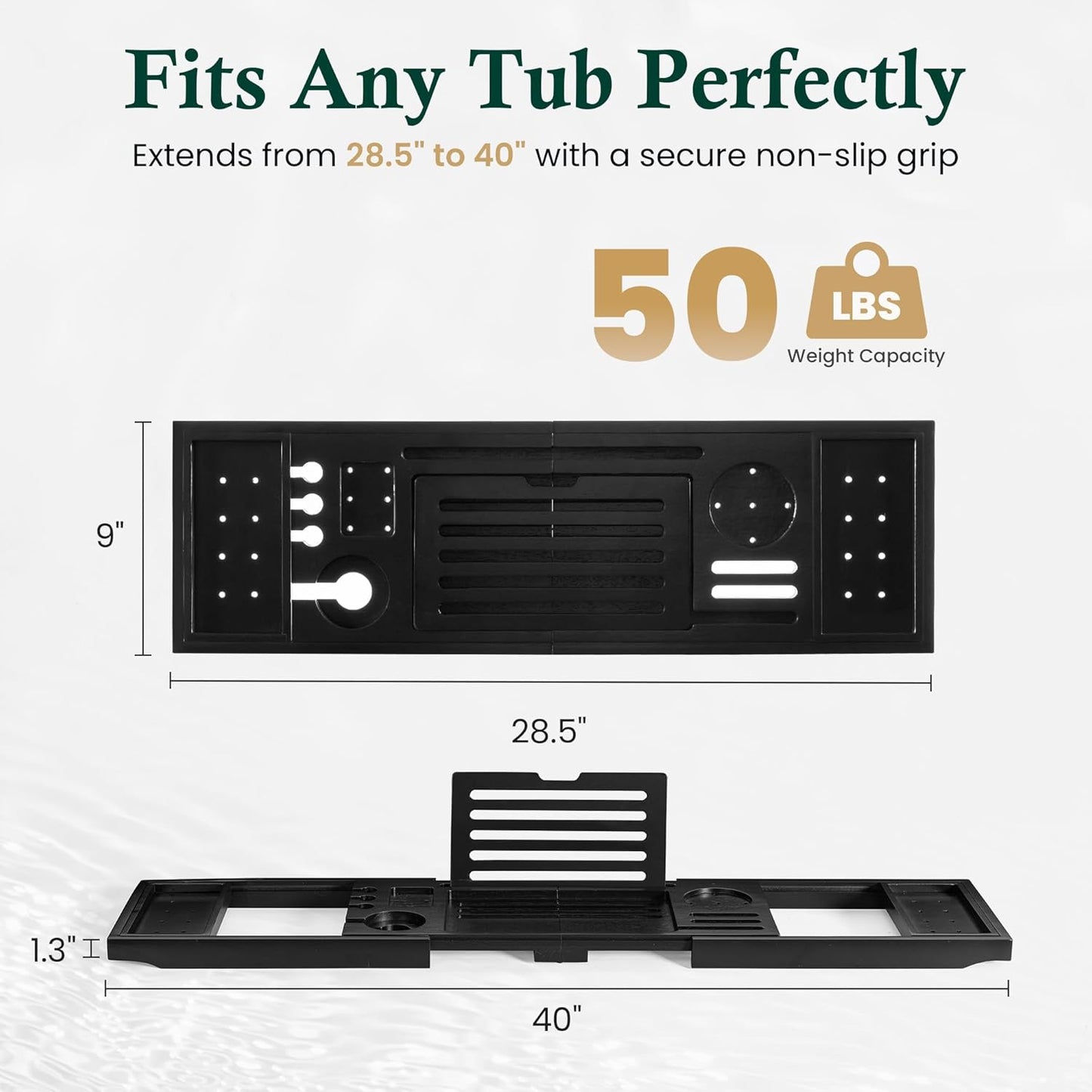 Bamboo Bathtub Tray Caddy - Splash-Proof Adjustable (28.5-40") with Wine Holder, Tablet Stand & Non-Slip Grip | Spa-Grade Organizer for Bath Essentials & Reading- Black