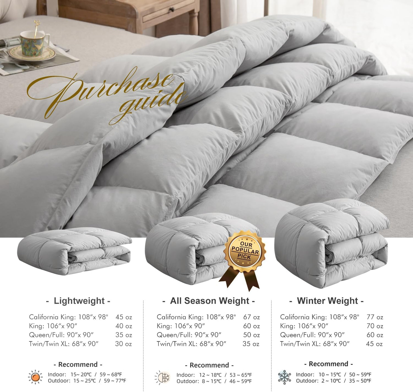 Royoliving Premium Feathers Down Duvet Insert Comforter California King Size Gray All Season Medium Warmth Grey 100% Cotton Cover with Corner Tabs (108x98, 67 oz)