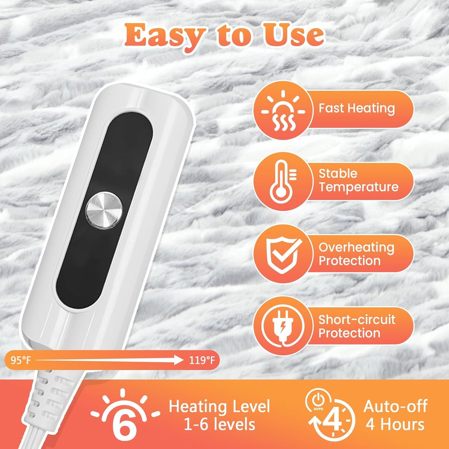 Heated Blanket Faux Fur & Sherpa Full Size, Safe Electric Blanket ETL & FCC Certified, Soft Warm 6 Heating Levels & 10 Hours Auto-Off, Machine Washable, 72"x84" Light Grey & White Pattern
