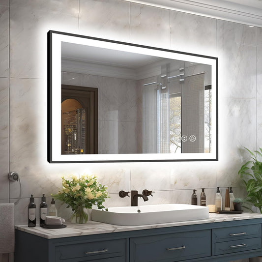 40x24 LED Bathroom Mirror for Wall, Black (Metal, Aluminum) Framed, Front Light and Backlit, 3 Colors and Dimmable Vanity Mirror, Anti-Fog, Shatter-Proof, Memory (Horizontal/Vertical)