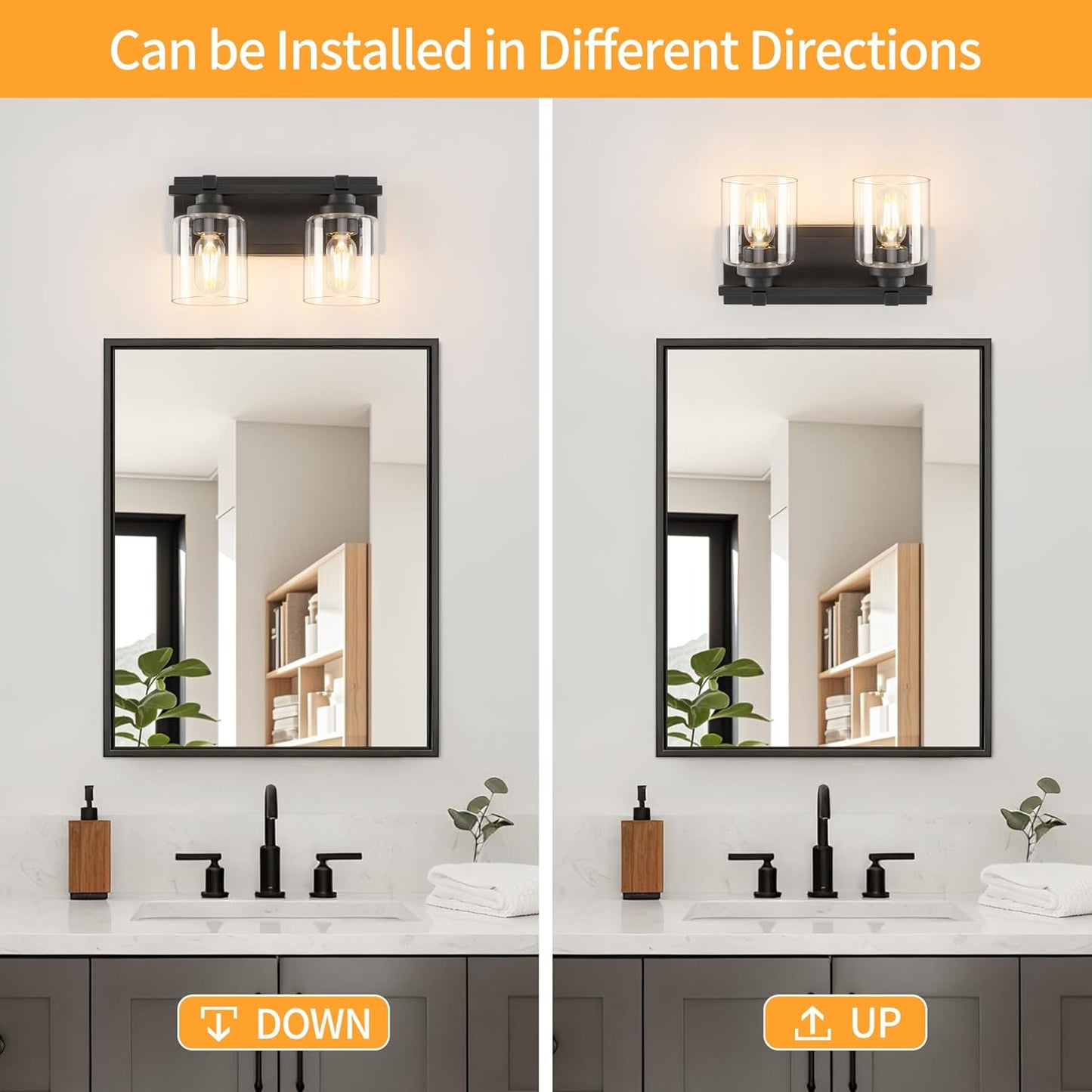 2 Light Modern Bathroom Light Fixtures Over Mirror, Black Vanity Lights for Bathroom Wall Sconces with Clear Glass Shades, E26 Socket (Bulbs Not Included)