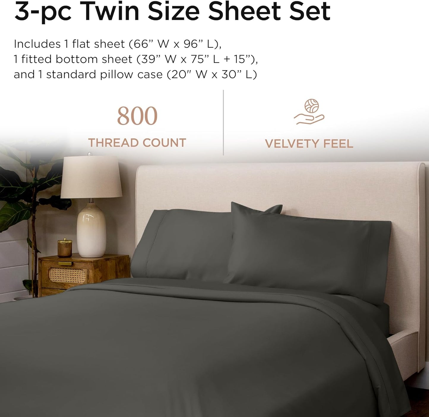 Threadmill Luxury 800 Thread Count 100% Cotton Sheets - Dark Grey Sateen Weave Twin Size Bed-Sheets, Better Than Egyptian Cotton,3 Pc Solid Soft Bedding Set, Fits 15" Deep Pocket