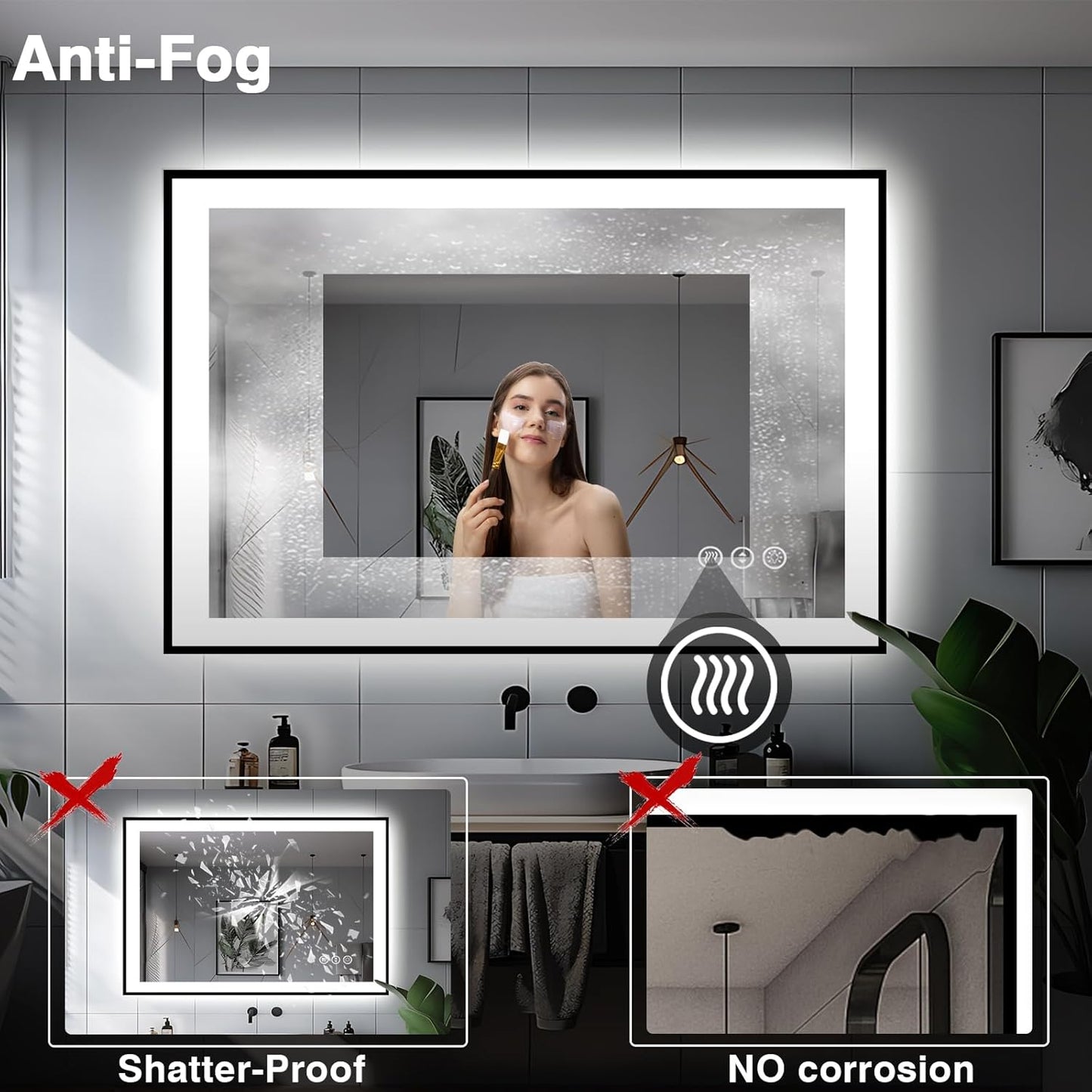 44x32 Bathroom Mirror with LED Lights - Black Framed, Front and Backlit Mirror, Anti-Fog LED Vanity Mirror, 3 Colors and Dimmable Mirror, Waterproof, Corrosion Proof (Horizontal/Vertical)