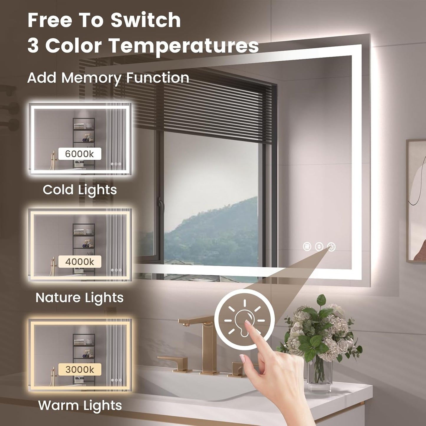 40"X28" LED Bathroom Mirror with Front Lights and Backlit, Anti-Fog, Dimmable, Shatter-Proof Tempered Glass, Lighted Bathroom Vanity Mirror for Wall with 3 Colors, Memory Function