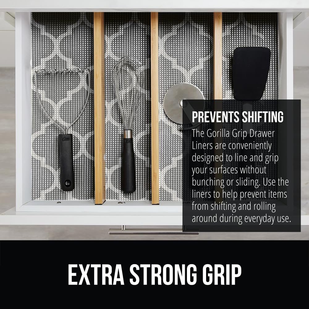 GORILLA GRIP powerGRIP Drawer Shelf and Cabinet Liner, Thick Strong Hold, Non-Adhesive Liners Protect Kitchen Cabinets and Cupboard, Bathroom Drawers, Easy Install, Breathable Mat, 12" x10' Quatrefoil