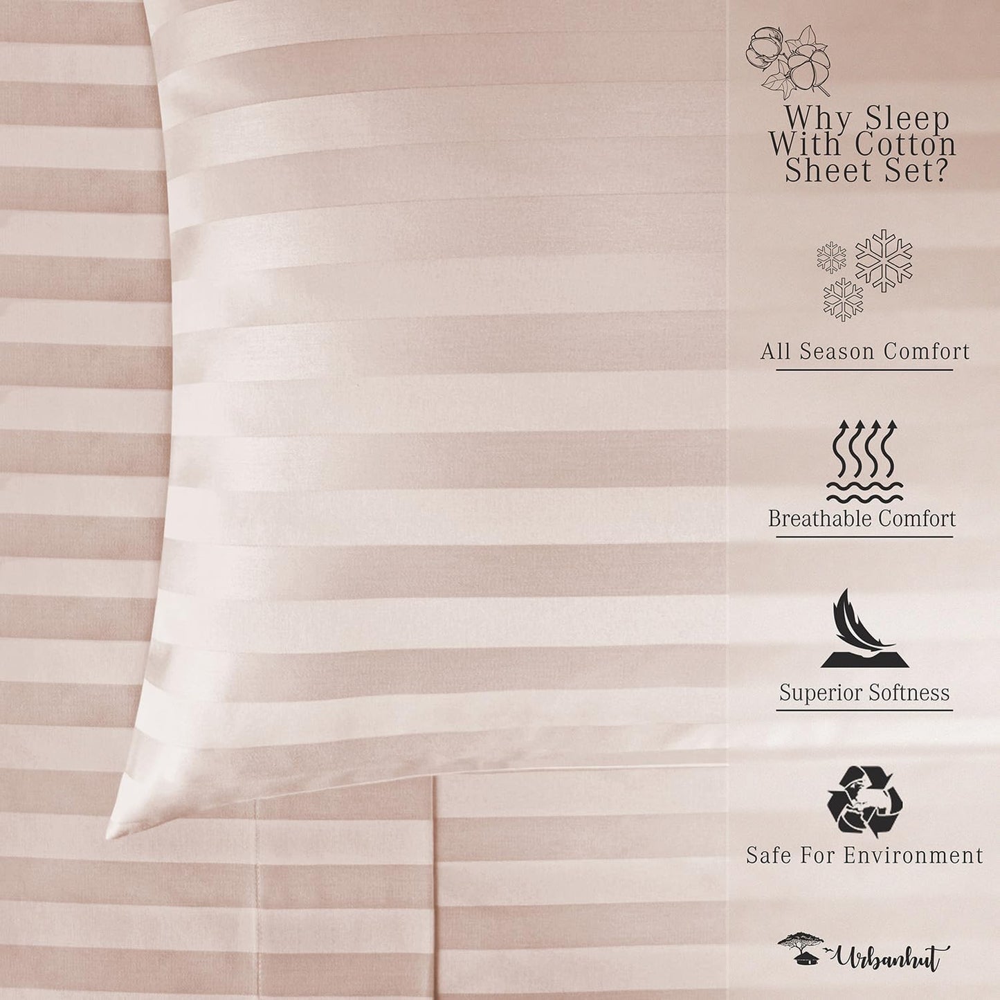 URBANHUT 1000 Thread Count Damask Striped California King Size Egyptian Cotton Sheets, Long Staple Soft & Breathable, 4 Pc Bed Sheet Sets, Luxury Hotel Sateen Sheets Fits 16" Deep Pocket - Blush Pink